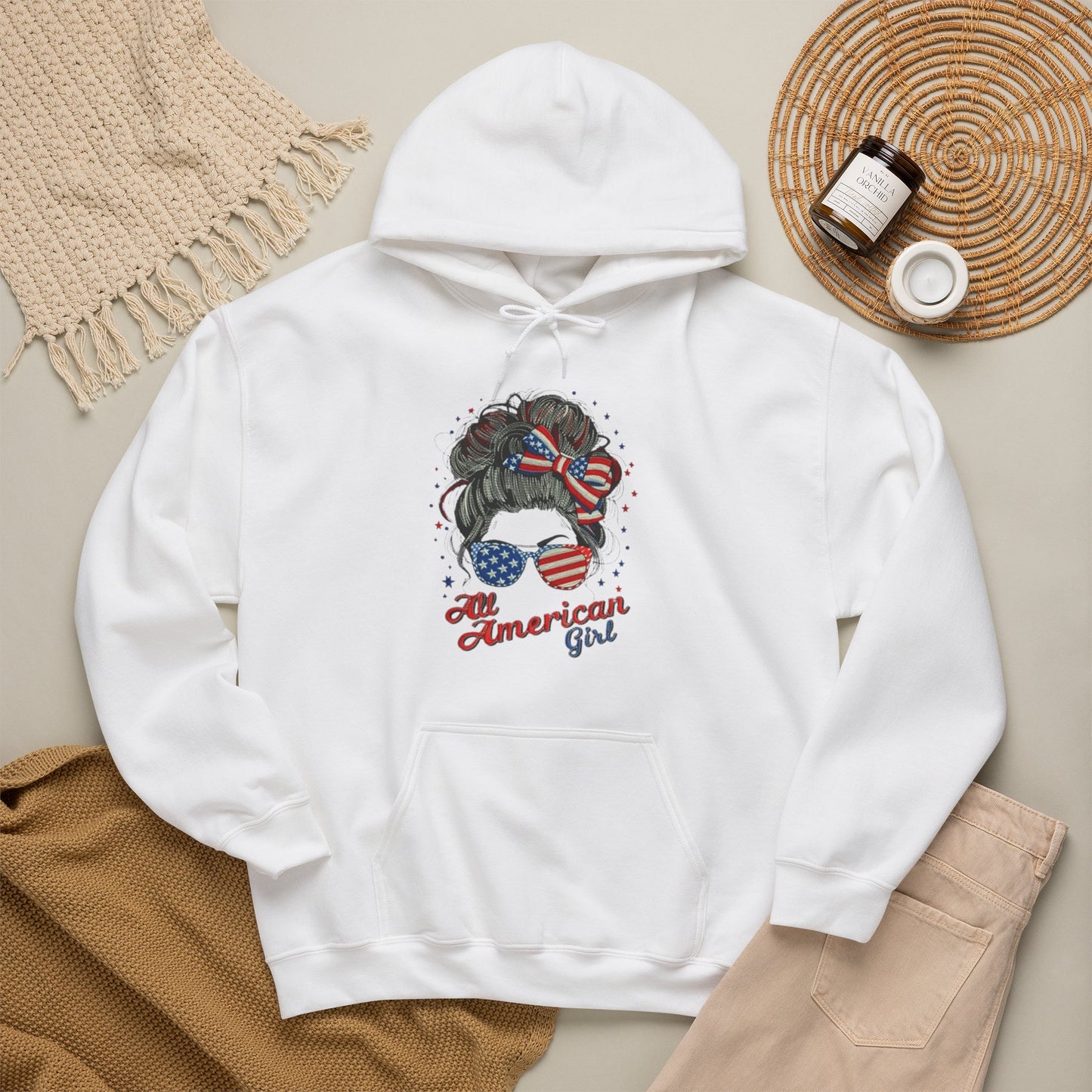 #250 "All American Girl" Patriotic Messy Bun Hoodie