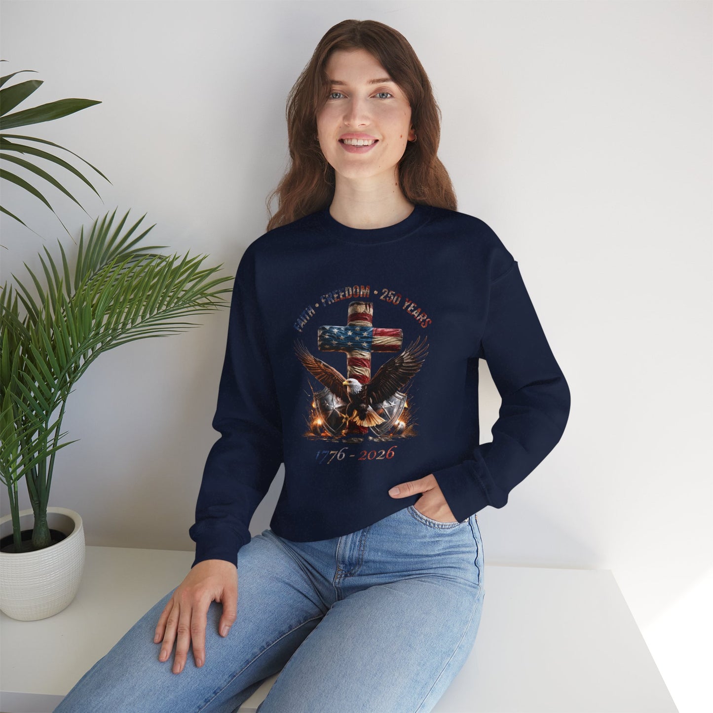 #250 Faith • Freedom 250 Years American Flag Cross & Eagle 1776-2026 Crewneck Sweatshirt