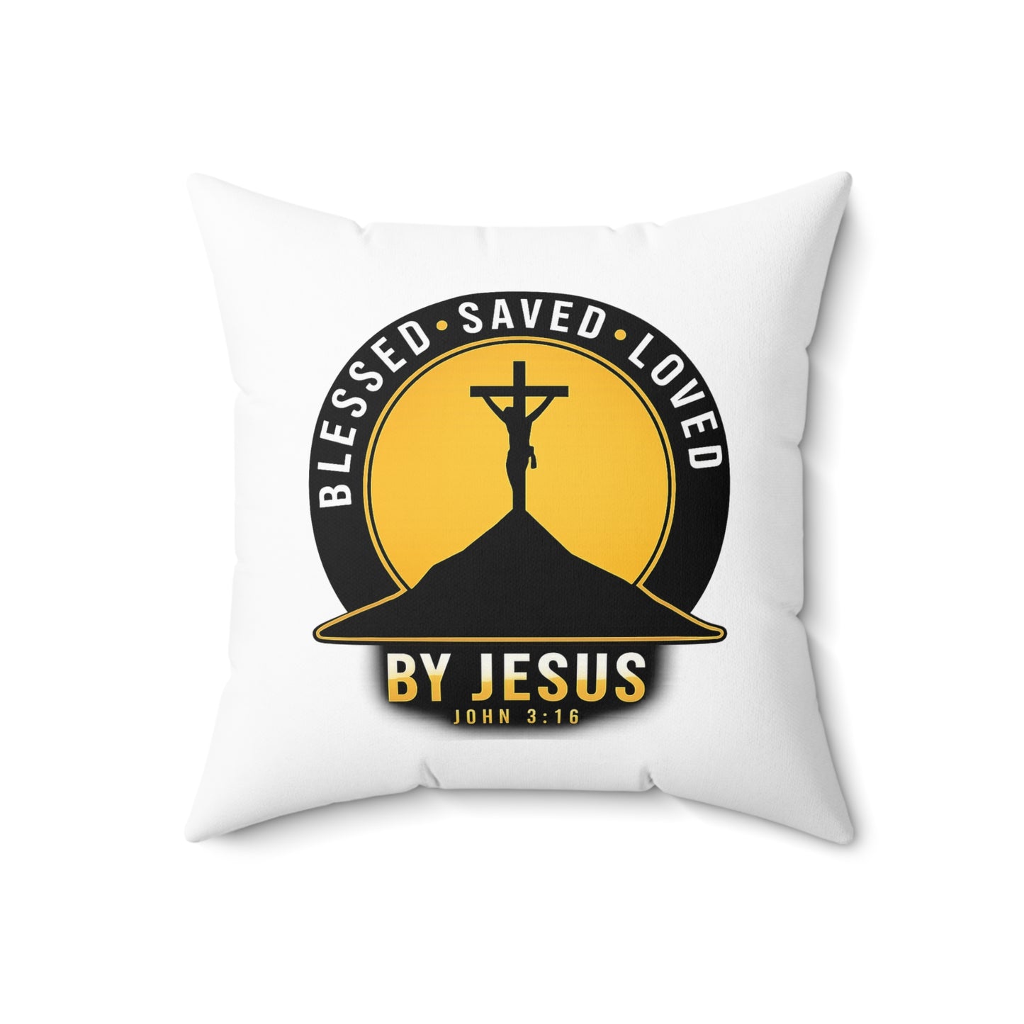 Blessed • Saved • Loved by Jesus Square Pillow — Christian Faith Decor (John 3:16)
