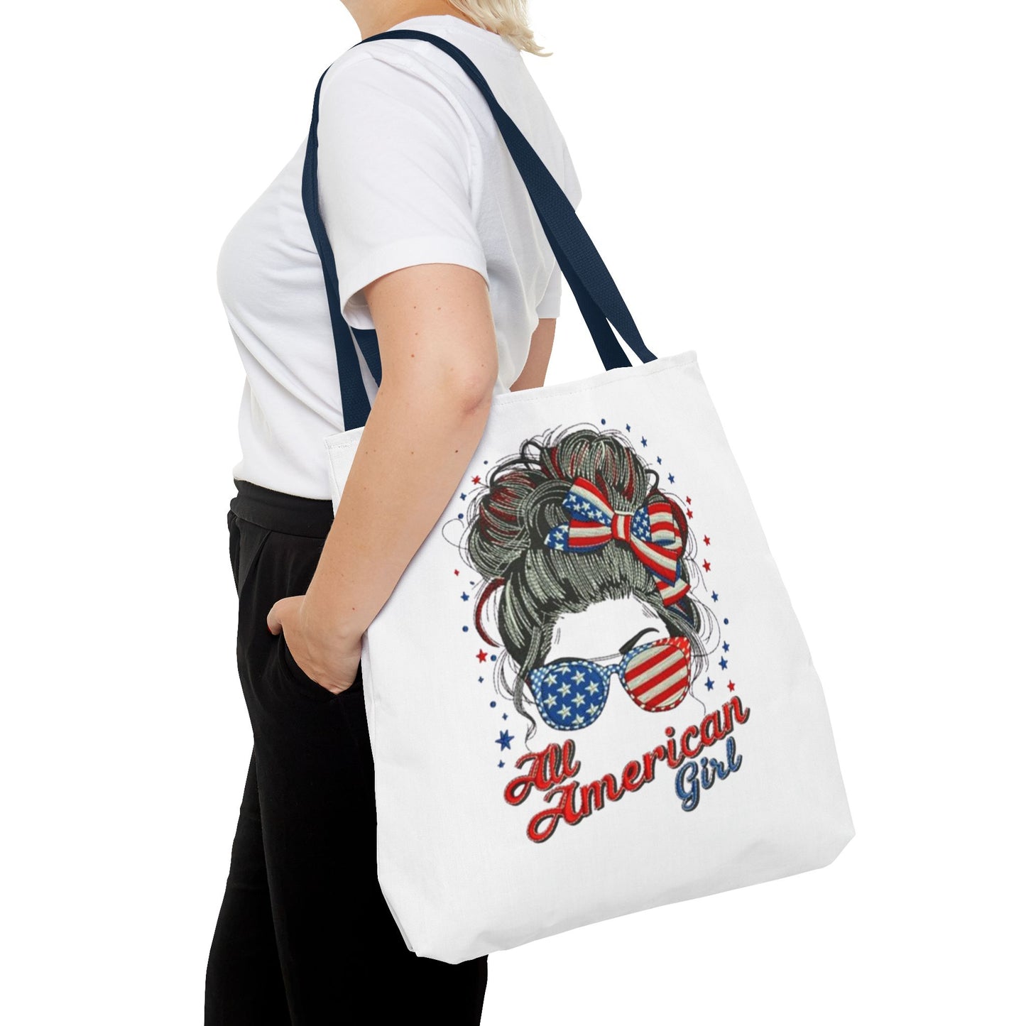 #250 "All American Girl" Patriotic Messy Bun Tote Bag