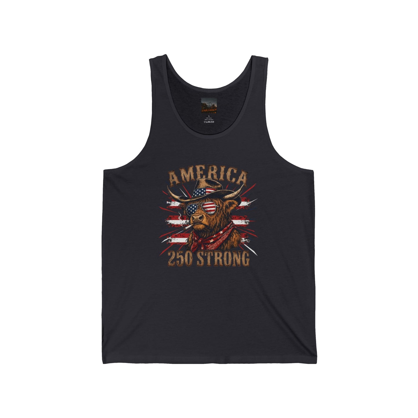 #250 America 250 Strong Patriotic Bull with American Flag Tank Top