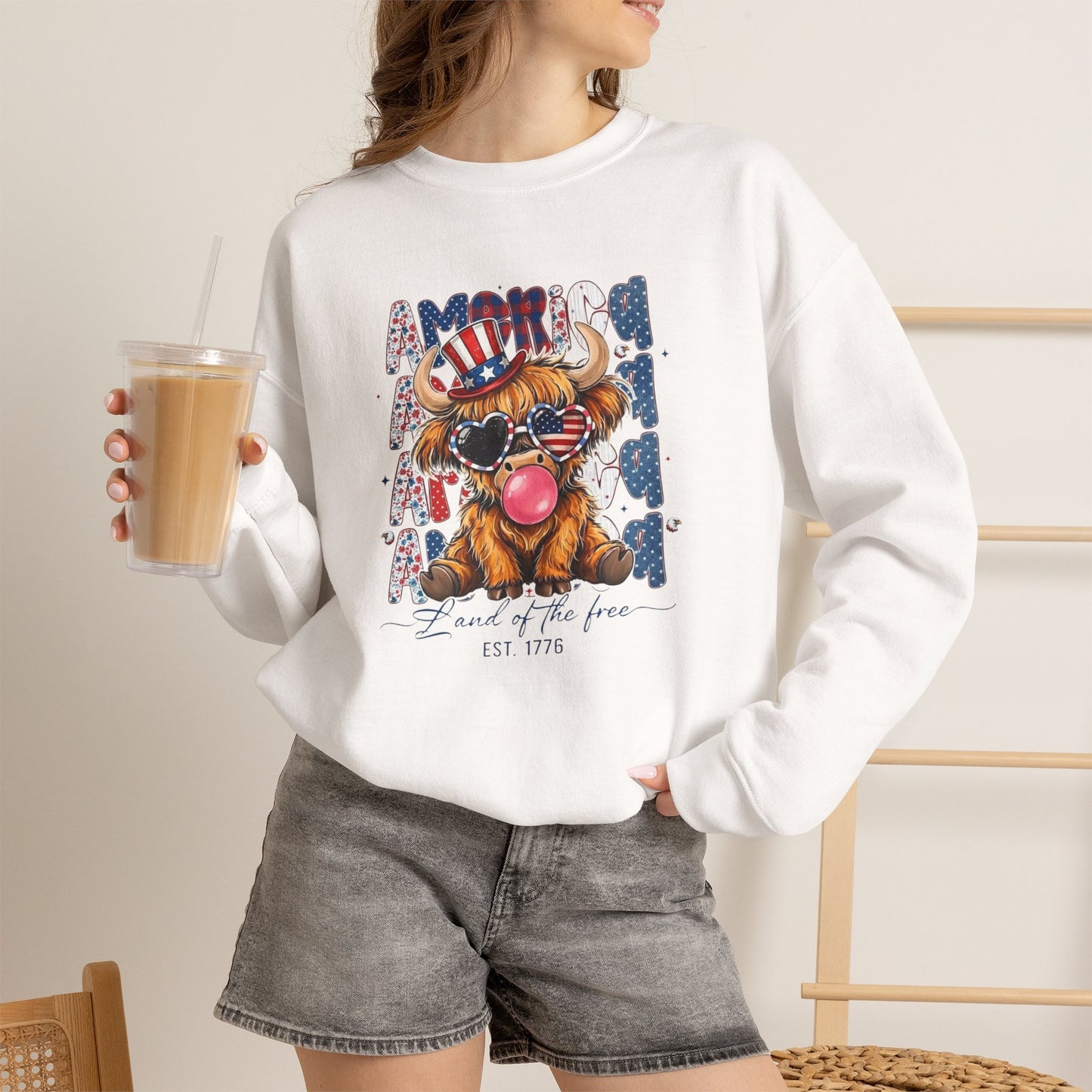 #250 American Flag Bubblegum Patriotic Highland Cow Sweatshirt