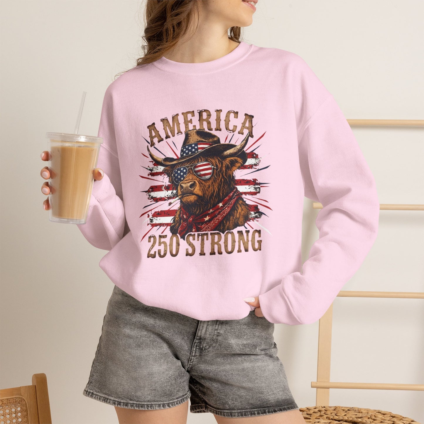 #250 America 250 Strong Patriotic Bull with American Flag Sweatshirt