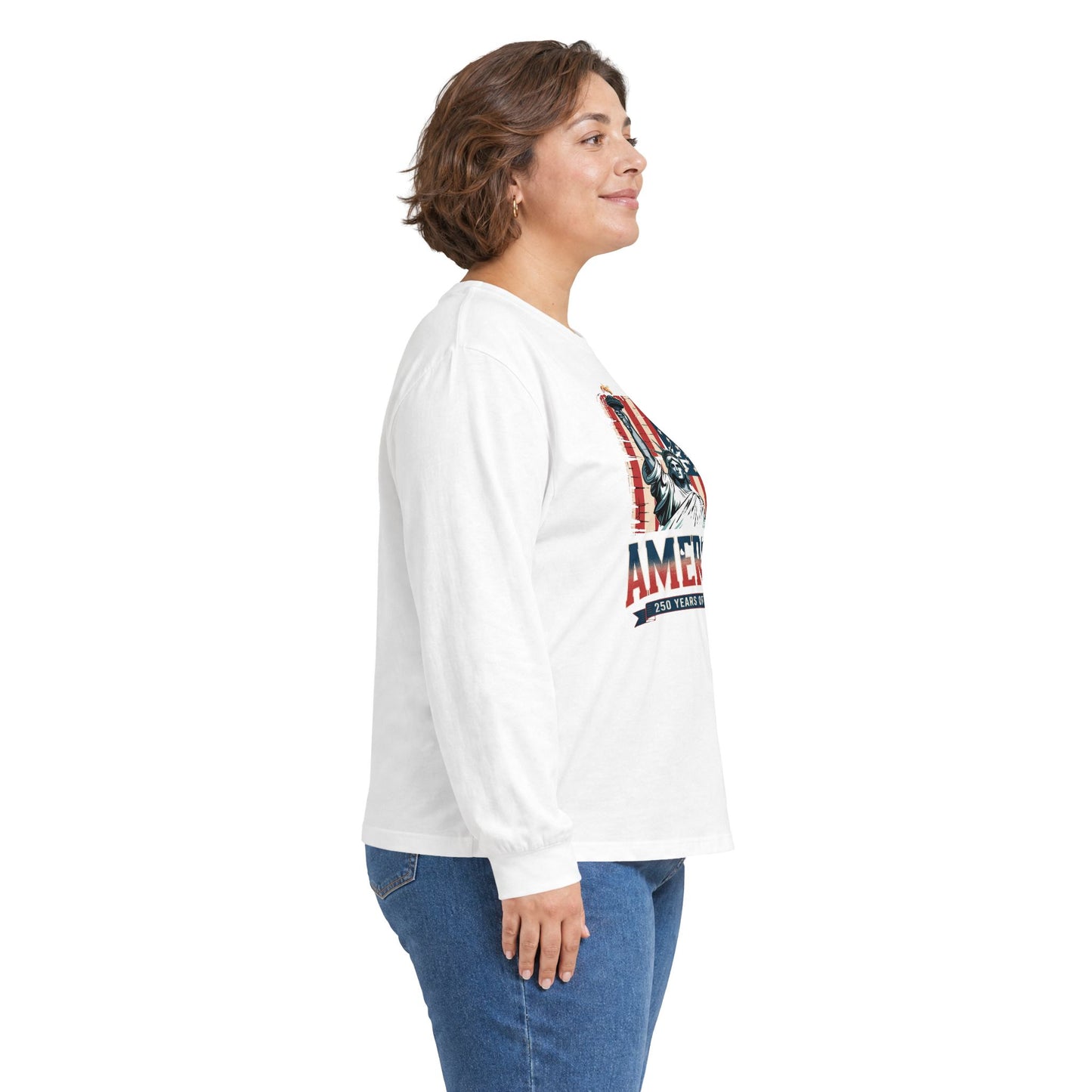 #250 Statue of Liberty American Flag 'America' Patriotic Independence Day Long Sleeve Tee