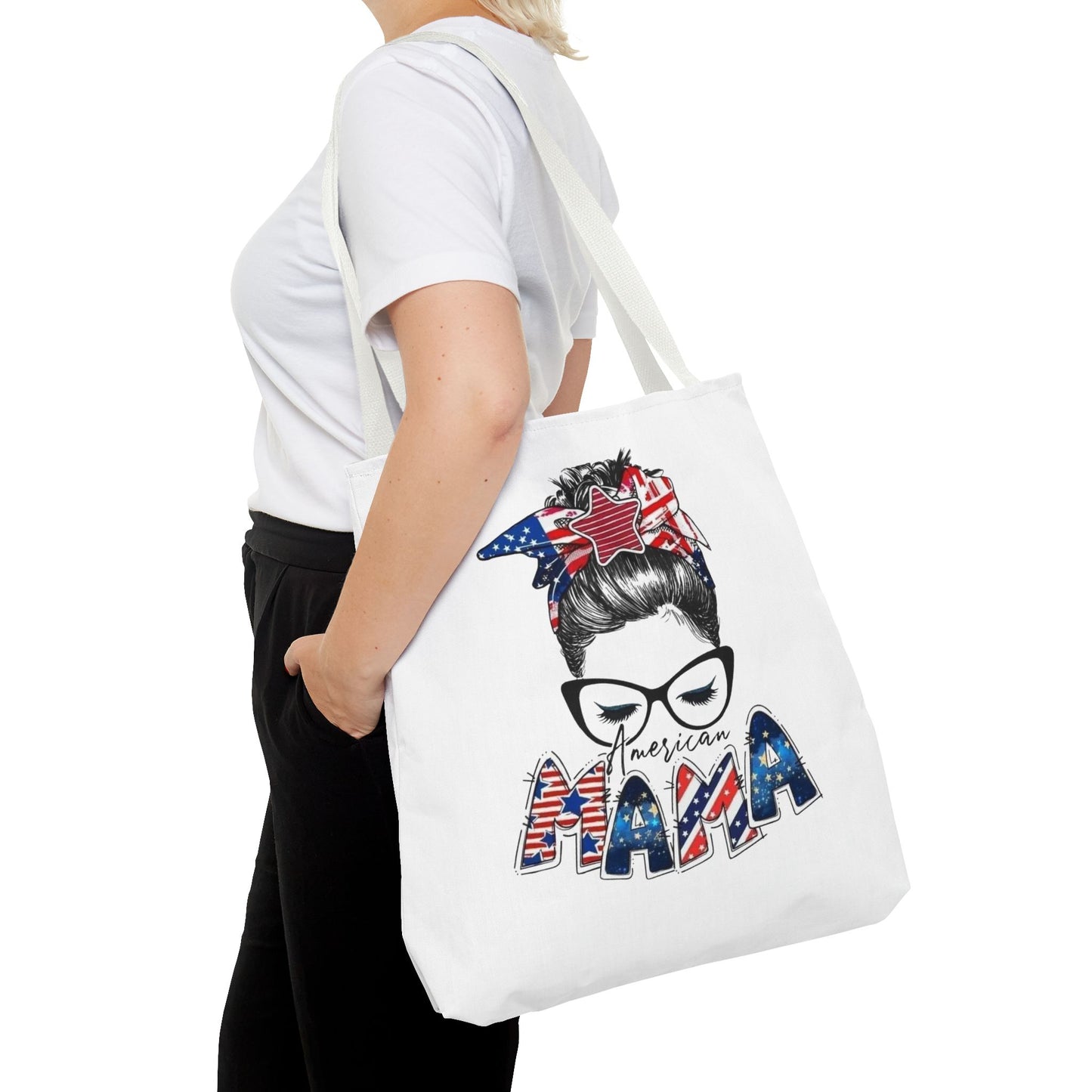 #250 Mama USA Flag Messy Bun Tote Bag