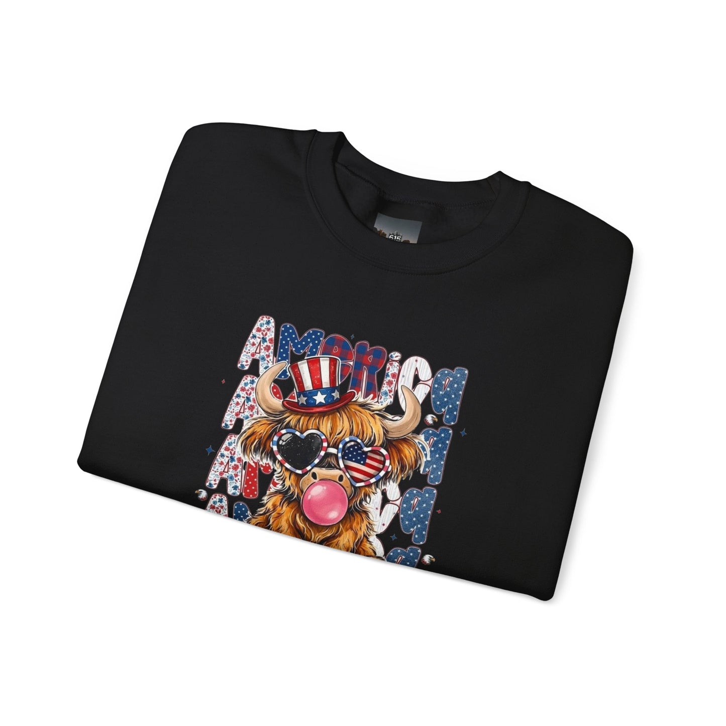 #250 American Flag Bubblegum Patriotic Highland Cow Sweatshirt