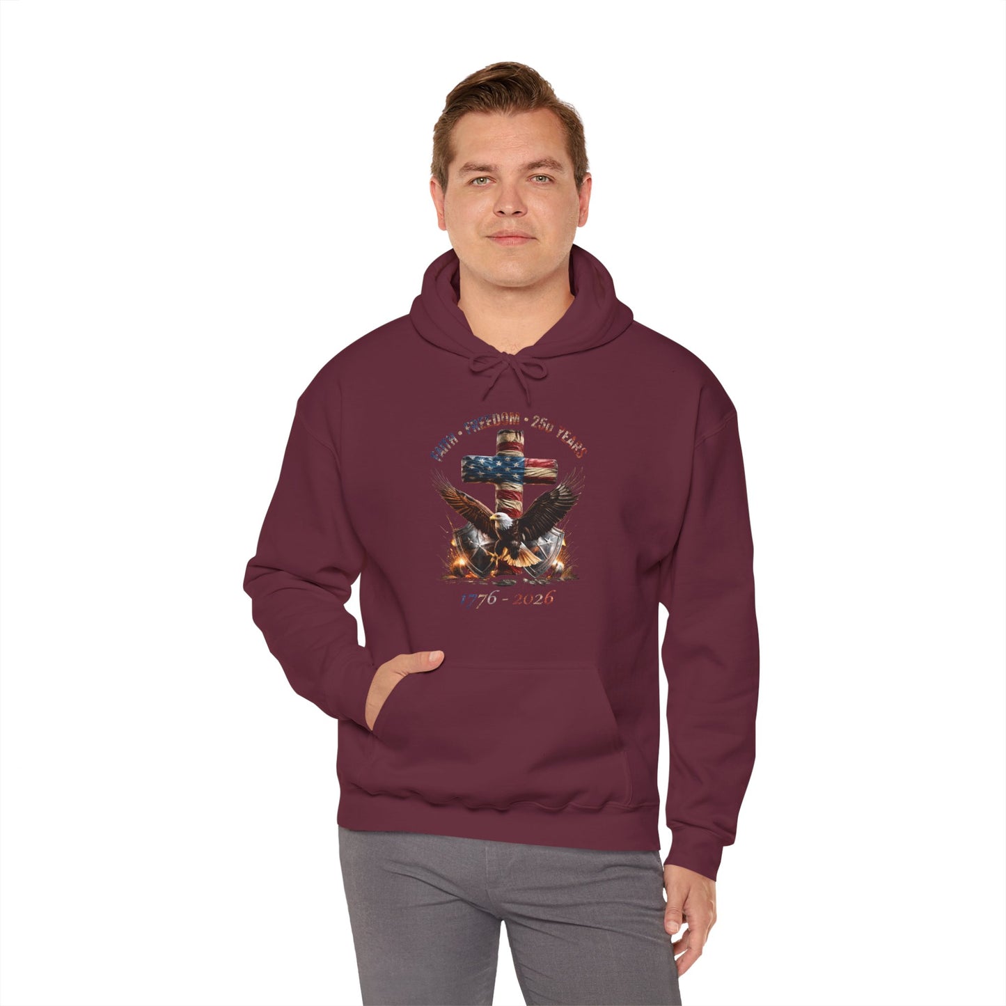 #250 Faith • Freedom 250 Years American Flag Cross & Eagle 1776-2026 Hoodie