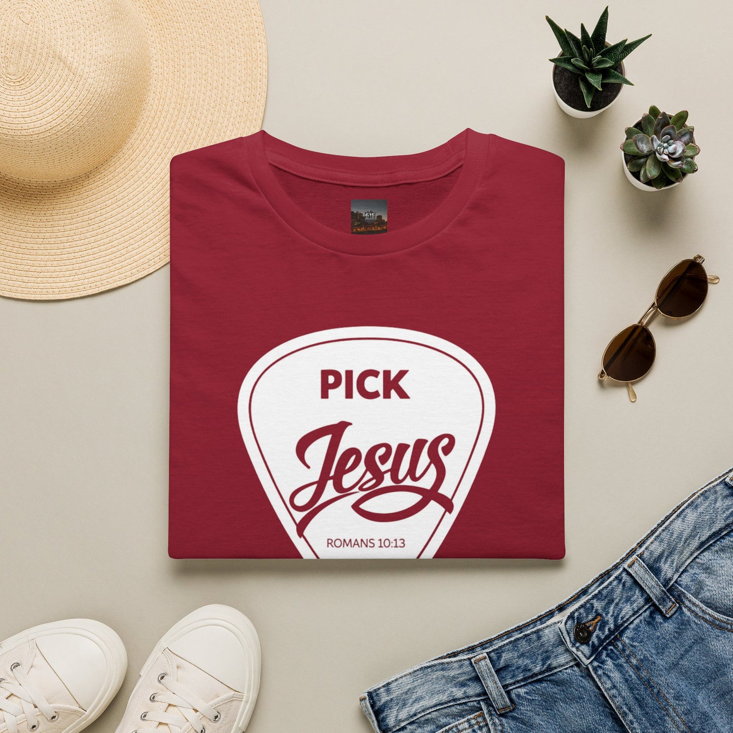 Pick Jesus T-Shirt — Christian Guitar Pick Design (Romans 10:13)