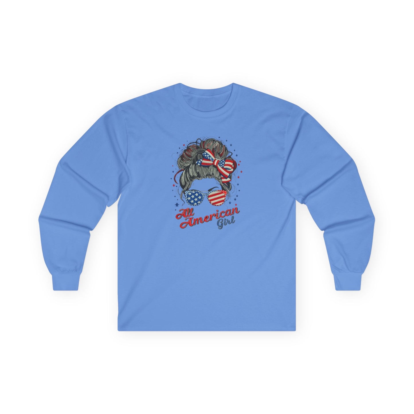 #250 "All American Girl" Patriotic Messy Bun Long Sleeve Tee