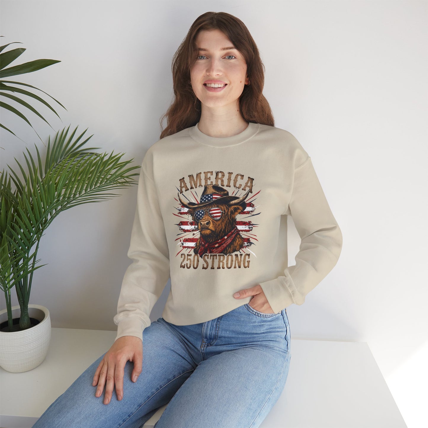#250 America 250 Strong Patriotic Bull with American Flag Sweatshirt