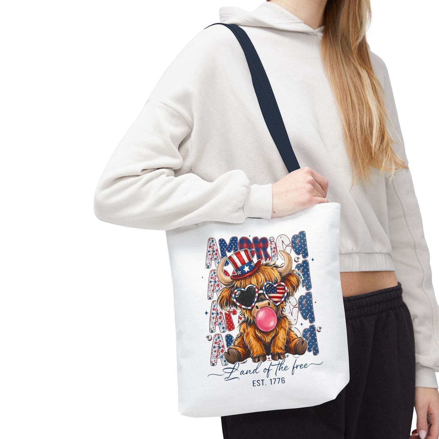 #250 American Flag Bubblegum Patriotic Highland Cow Tote Bag