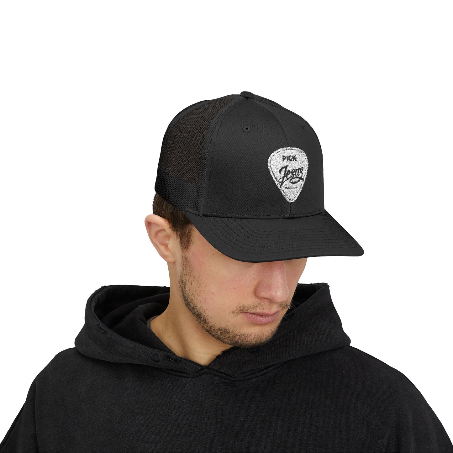 Pick Jesus Guitar Pick Snapback Trucker Cap Christian Guitar Pick Design (Romans 10:13)