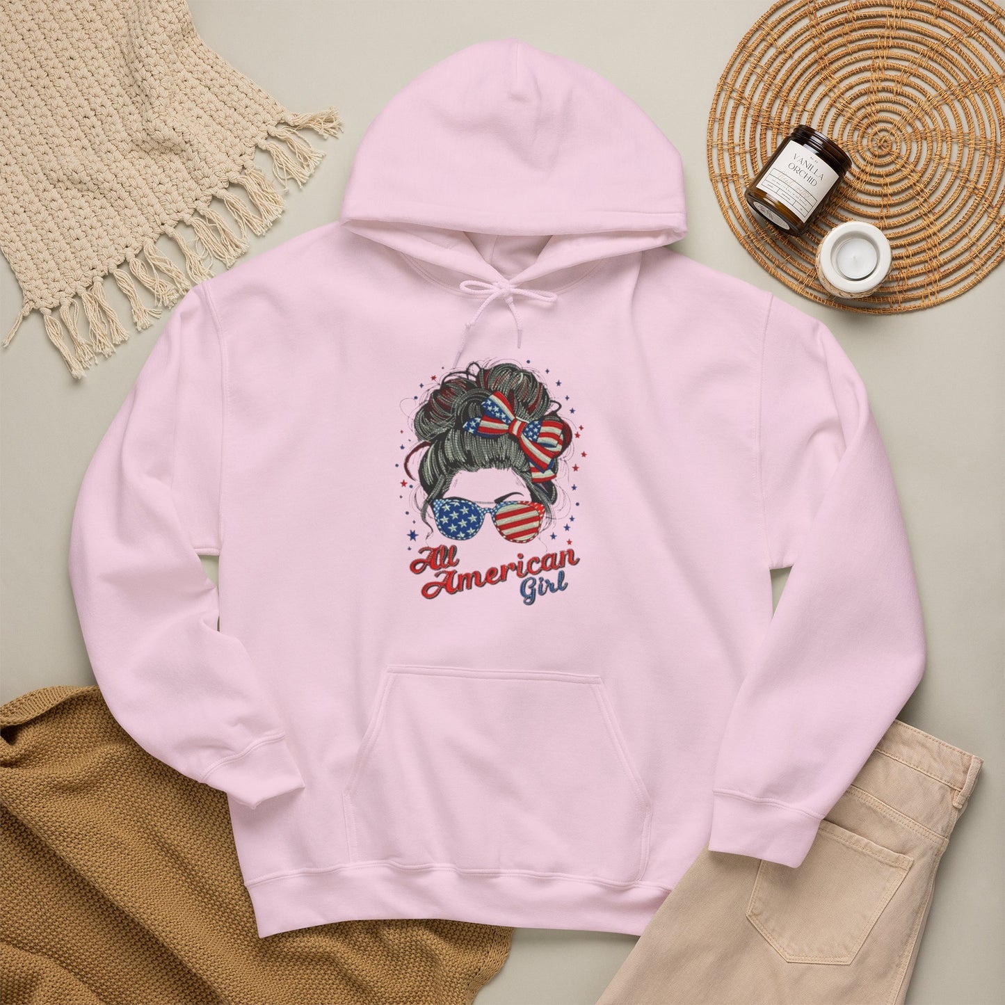#250 "All American Girl" Patriotic Messy Bun Hoodie
