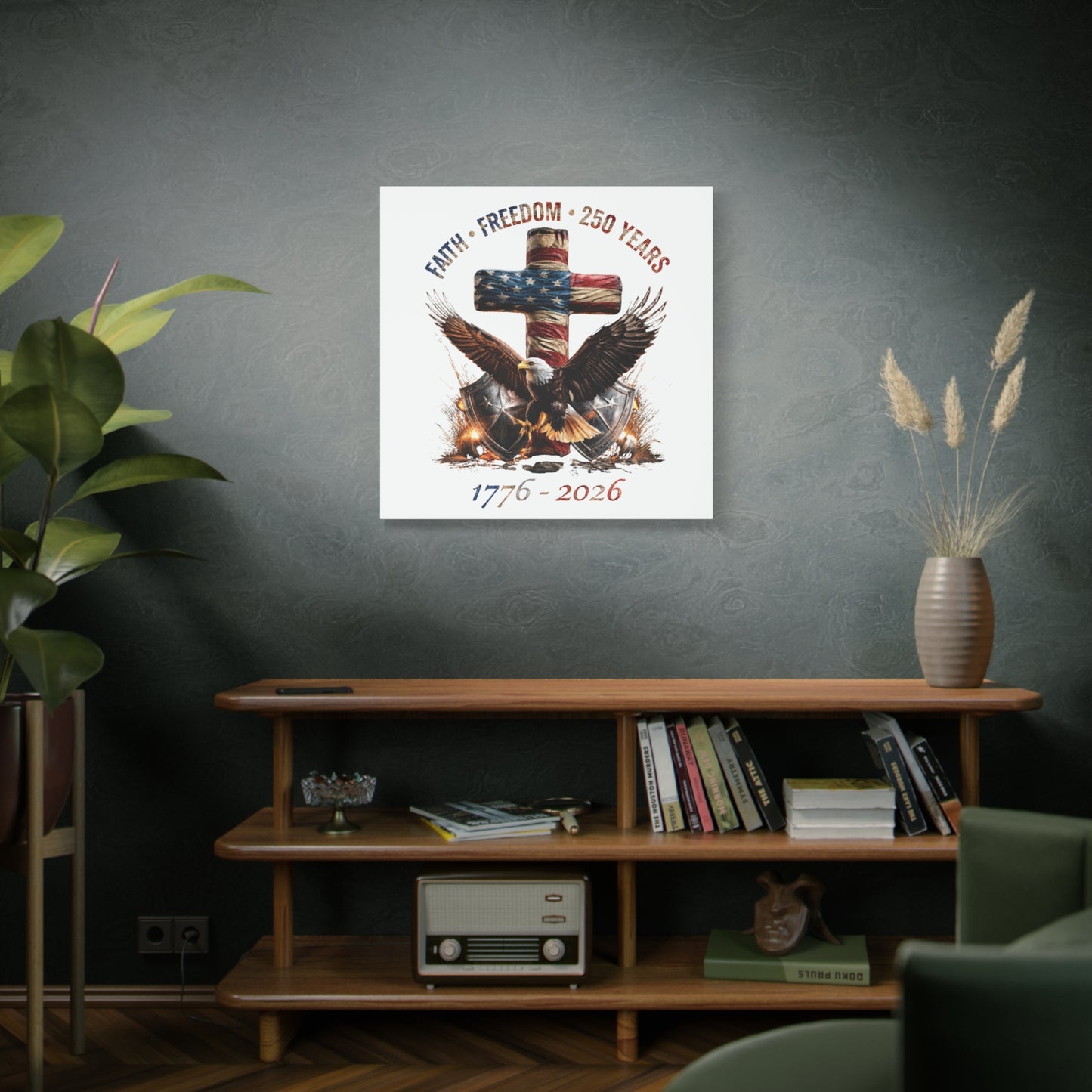 #250 Faith • Freedom 250 Years American Flag Cross & Eagle 1776-2026 Matte Canvas Wall Art
