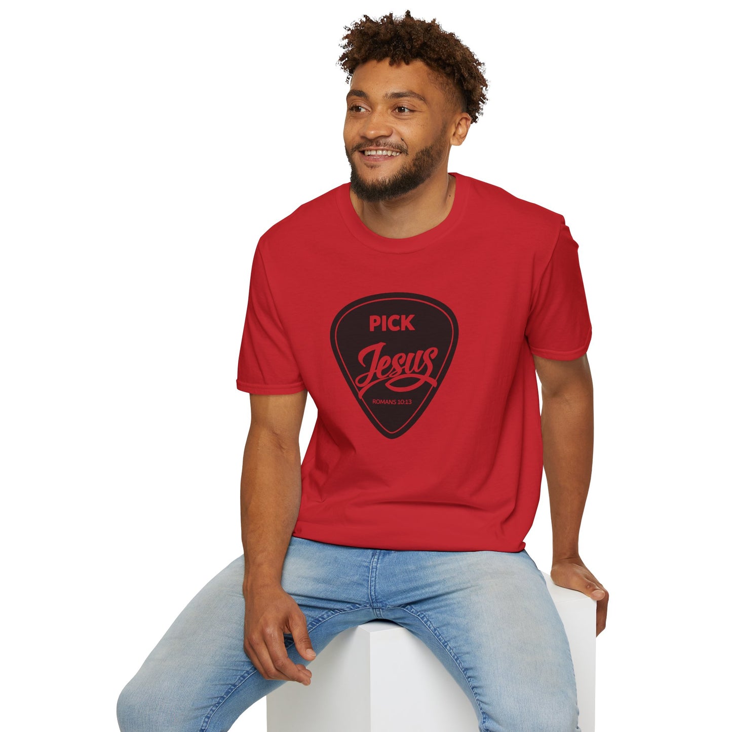 Pick Jesus T-Shirt — Christian Guitar Pick Design (Romans 10:13)
