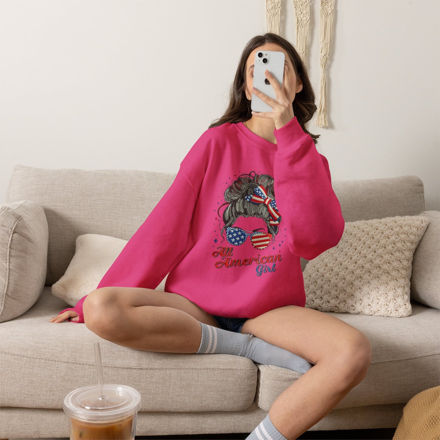 #250 "All American Girl" Patriotic Messy Bun Sweatshirt