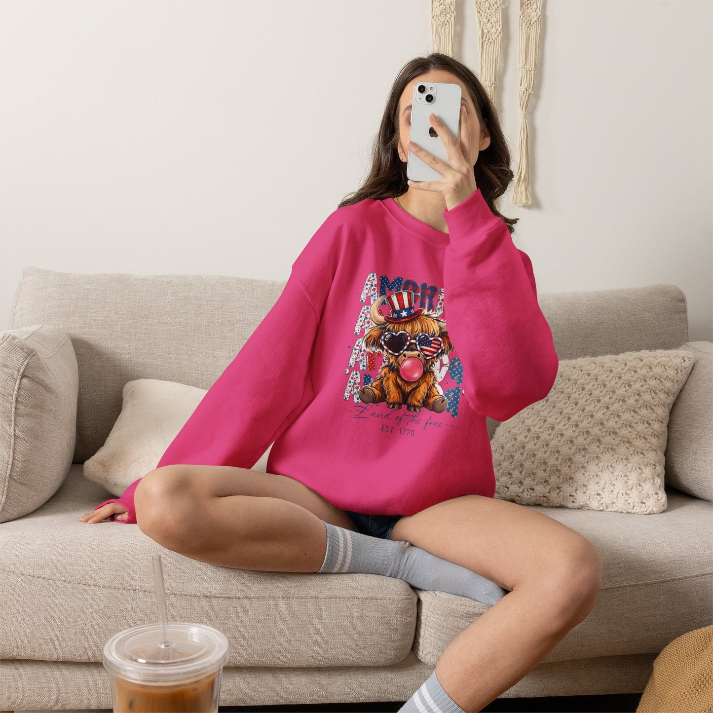 #250 American Flag Bubblegum Patriotic Highland Cow Sweatshirt