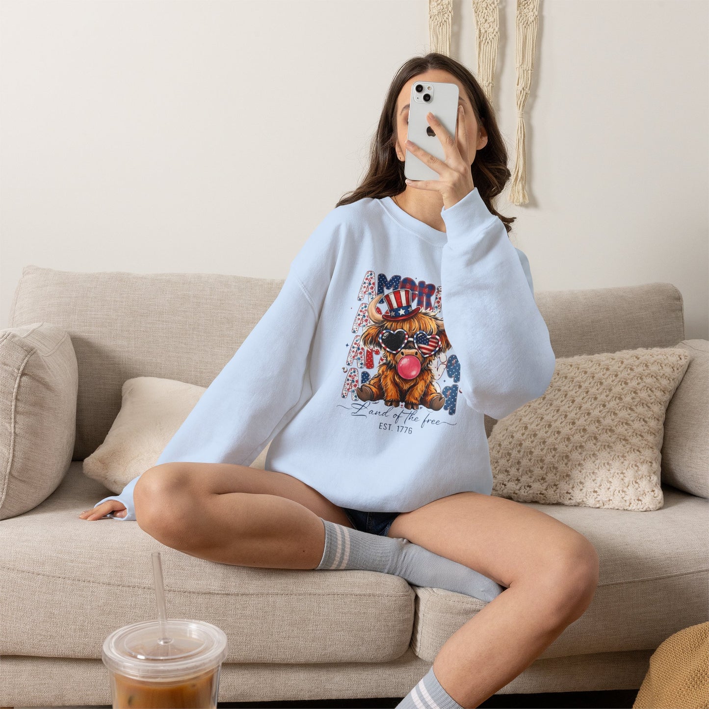 #250 American Flag Bubblegum Patriotic Highland Cow Sweatshirt