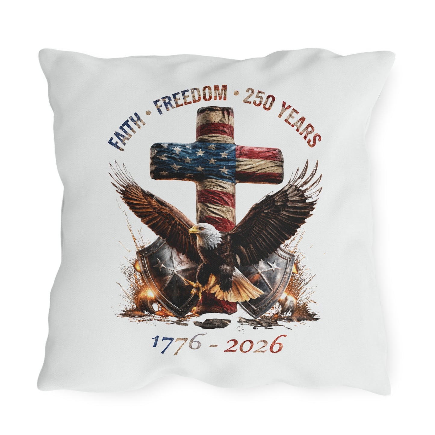 #250 Faith • Freedom 250 Years American Flag Cross & Eagle 1776-2026 Outdoor Throw Pillow