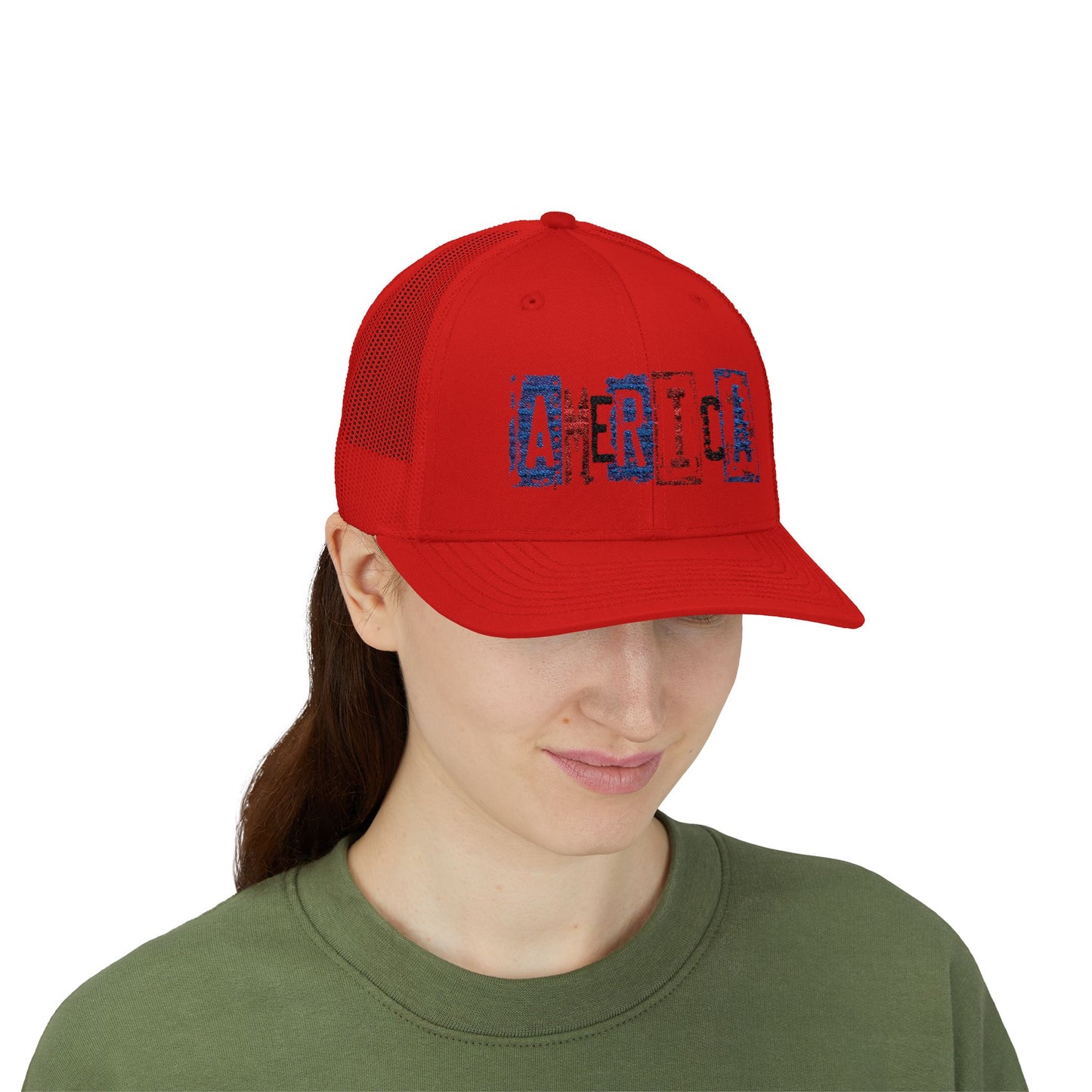 #250 America Retro Block Text Patriotic Snapback Trucker Cap
