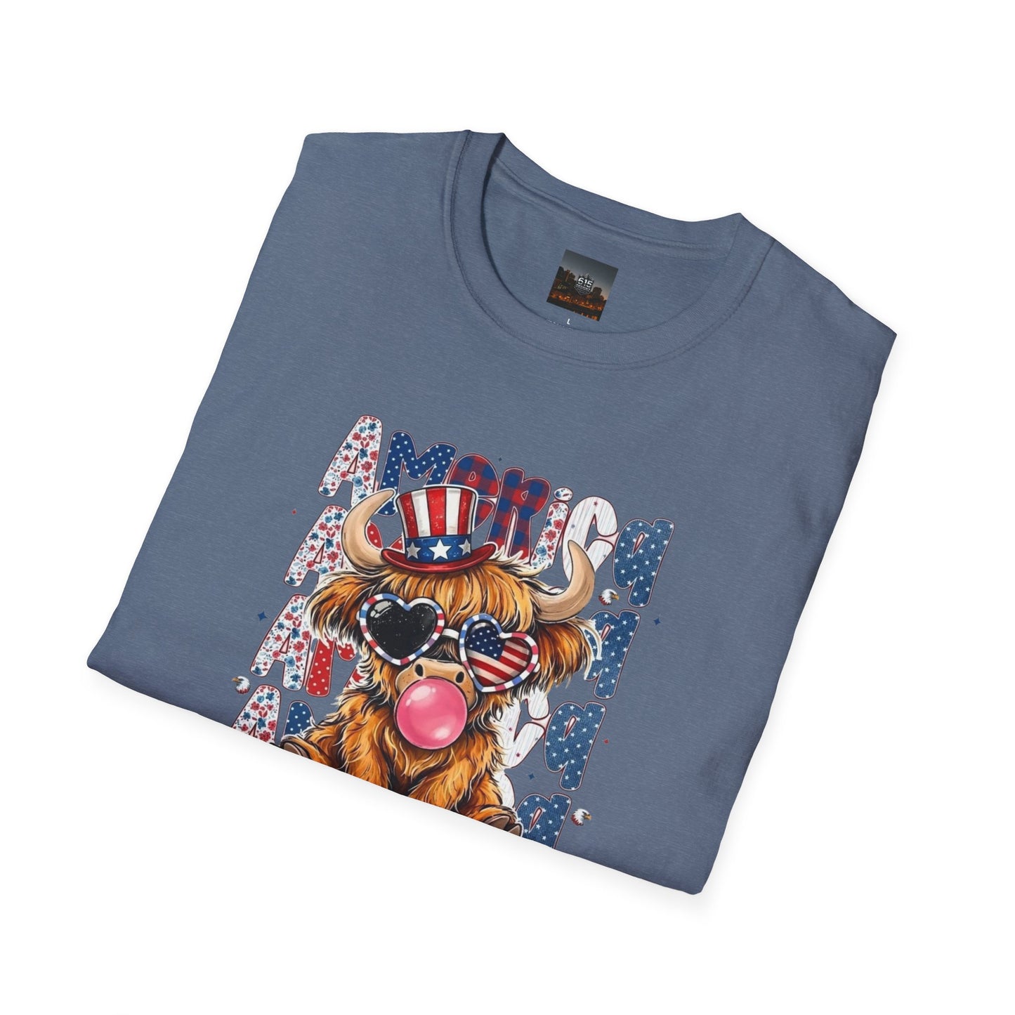 #250 American Flag Bubblegum Patriotic Highland Cow T-Shirt