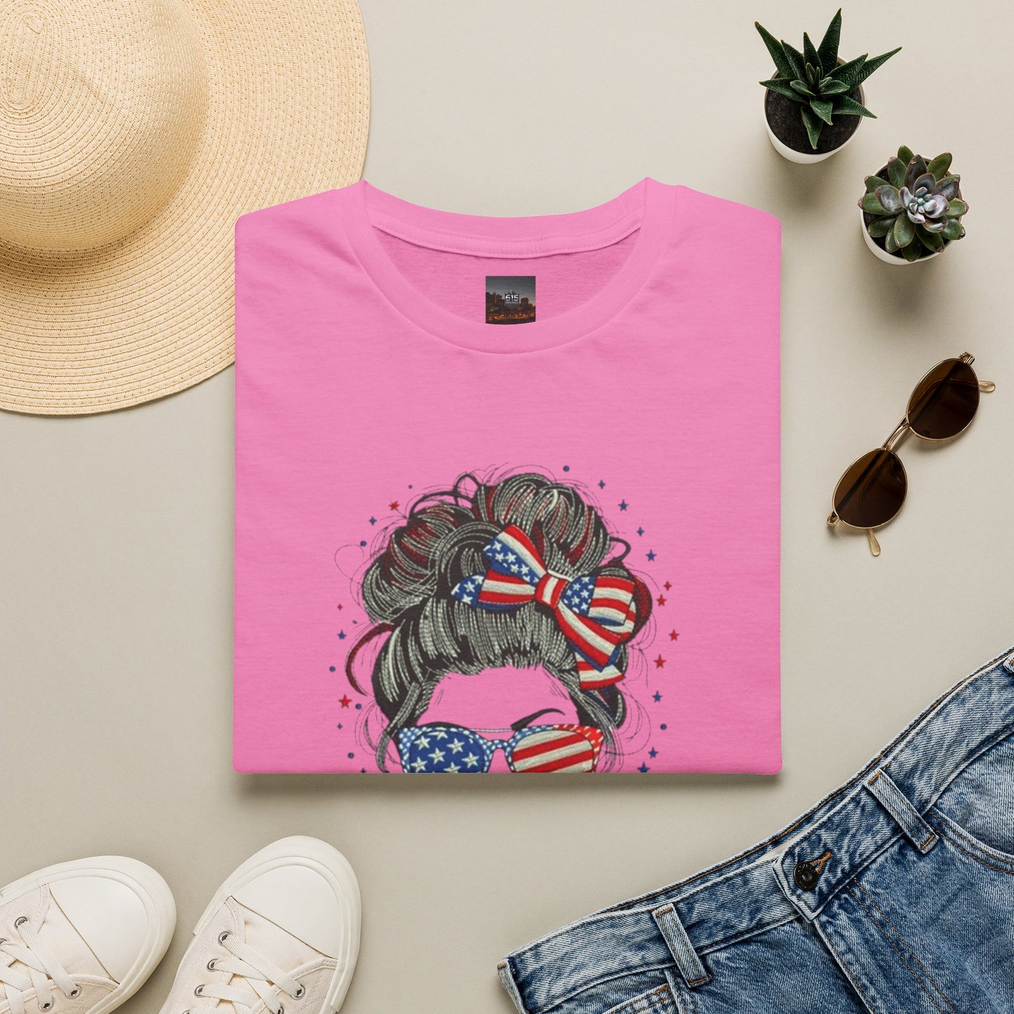 #250 "All American Girl" Patriotic Messy Bun T-Shirt
