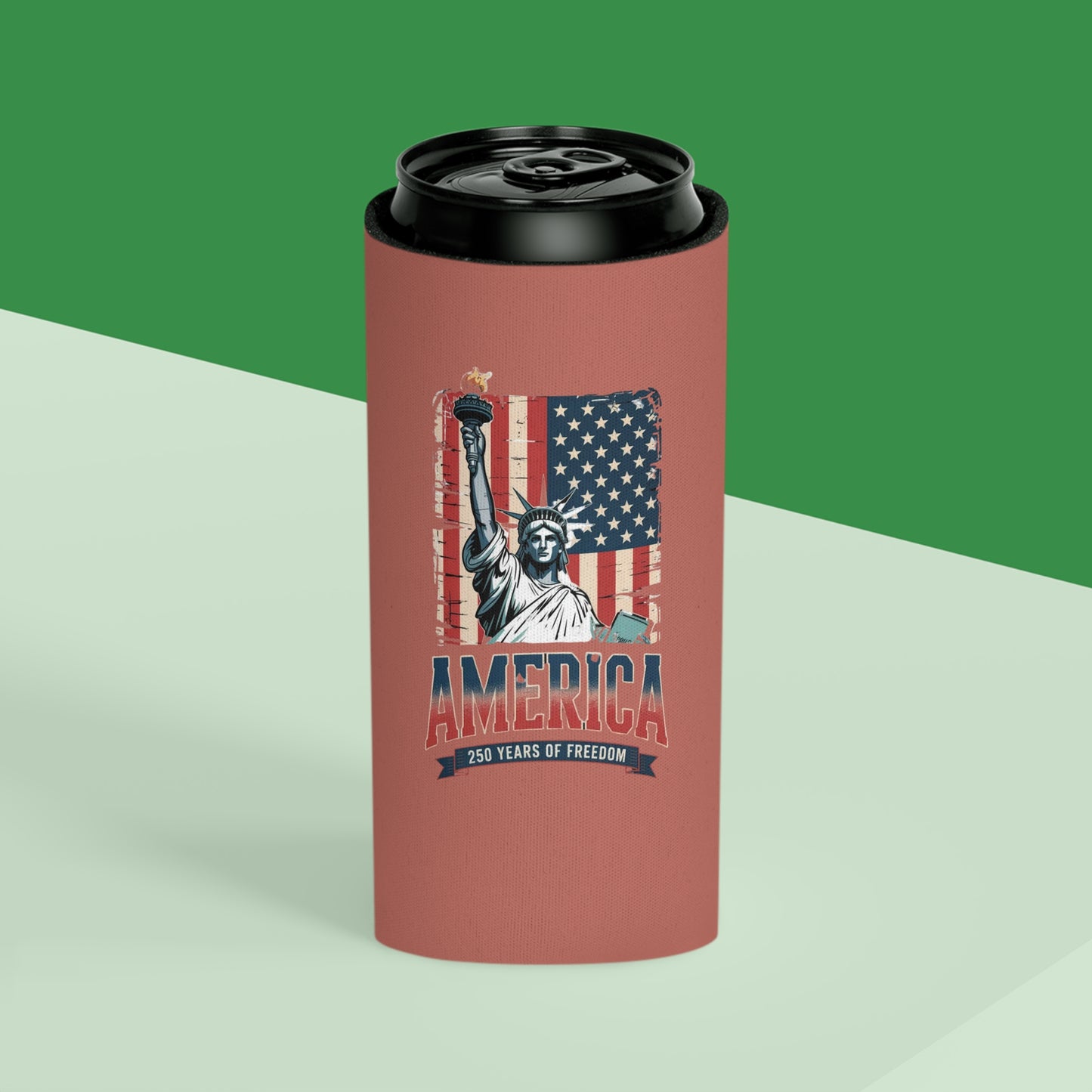 #250 Statue of Liberty American Flag 'America' Patriotic Independence Day Can Cooler - Beverage Koozie