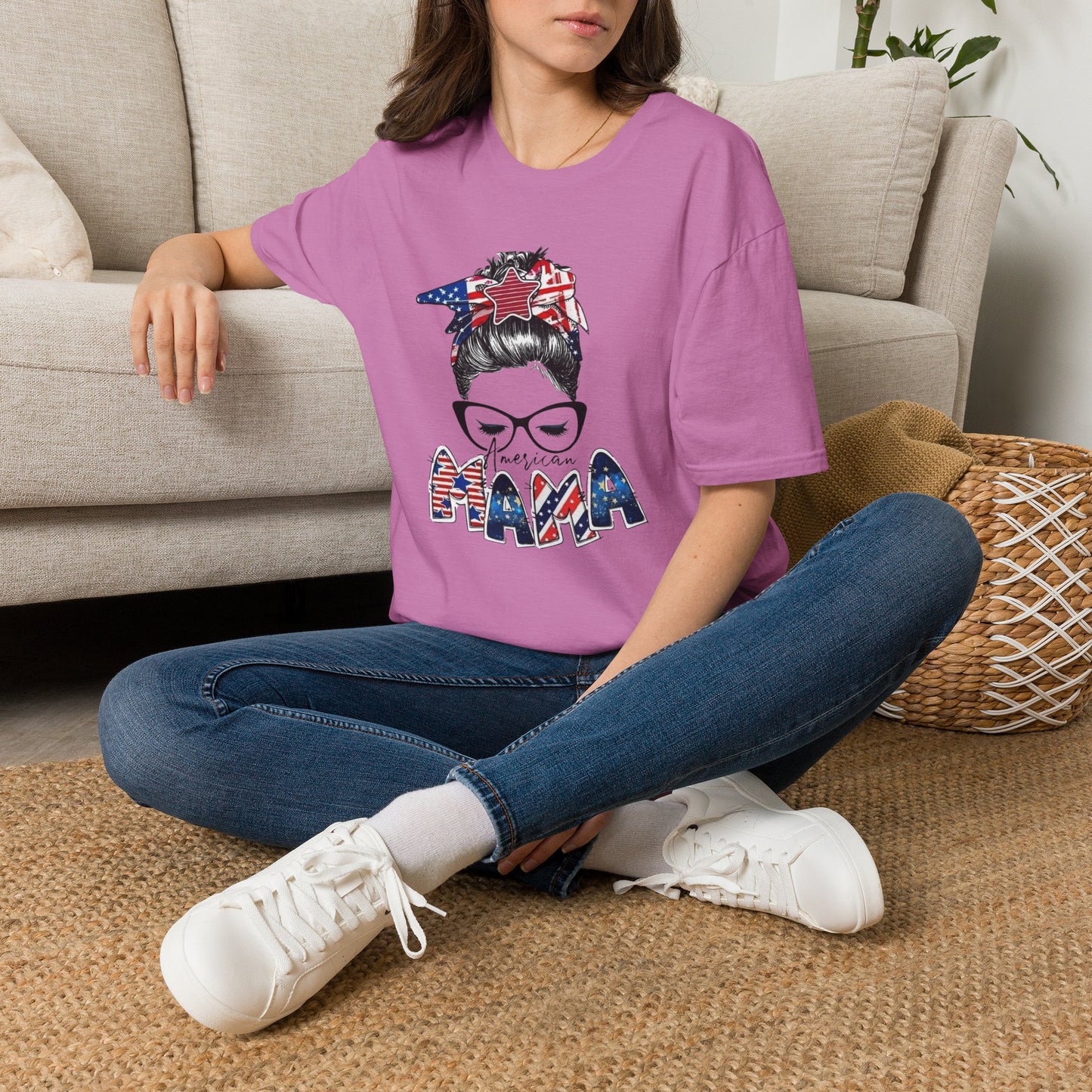 Mama USA Flag Messy Bun T-Shirt