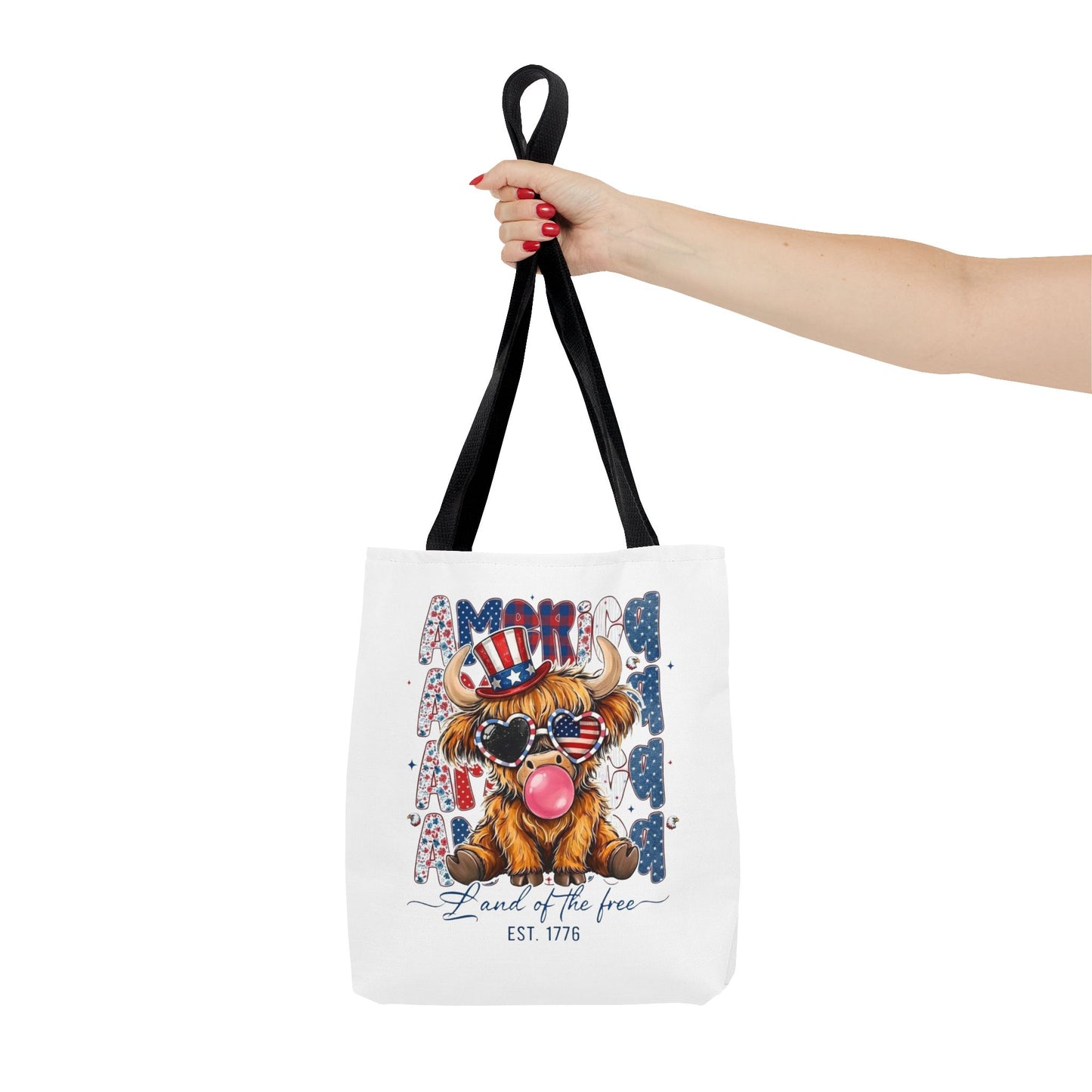 #250 American Flag Bubblegum Patriotic Highland Cow Tote Bag