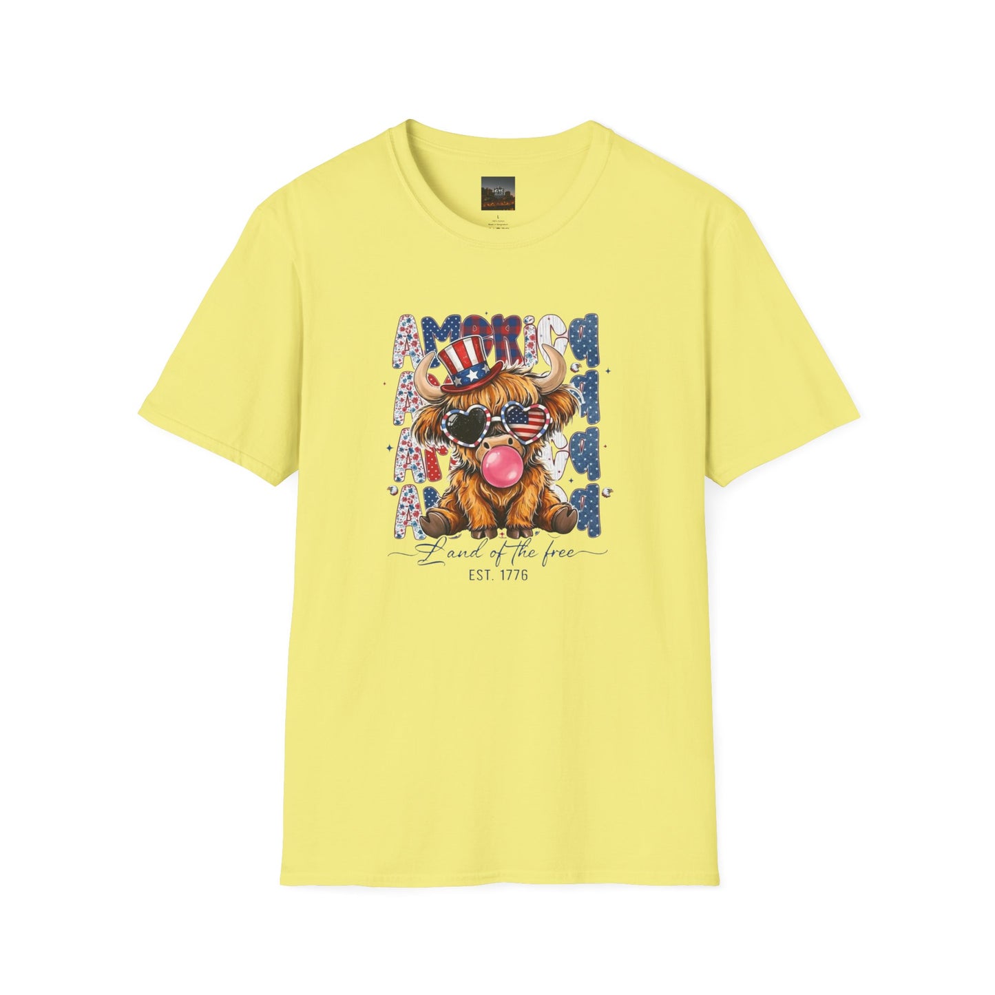 #250 American Flag Bubblegum Patriotic Highland Cow T-Shirt