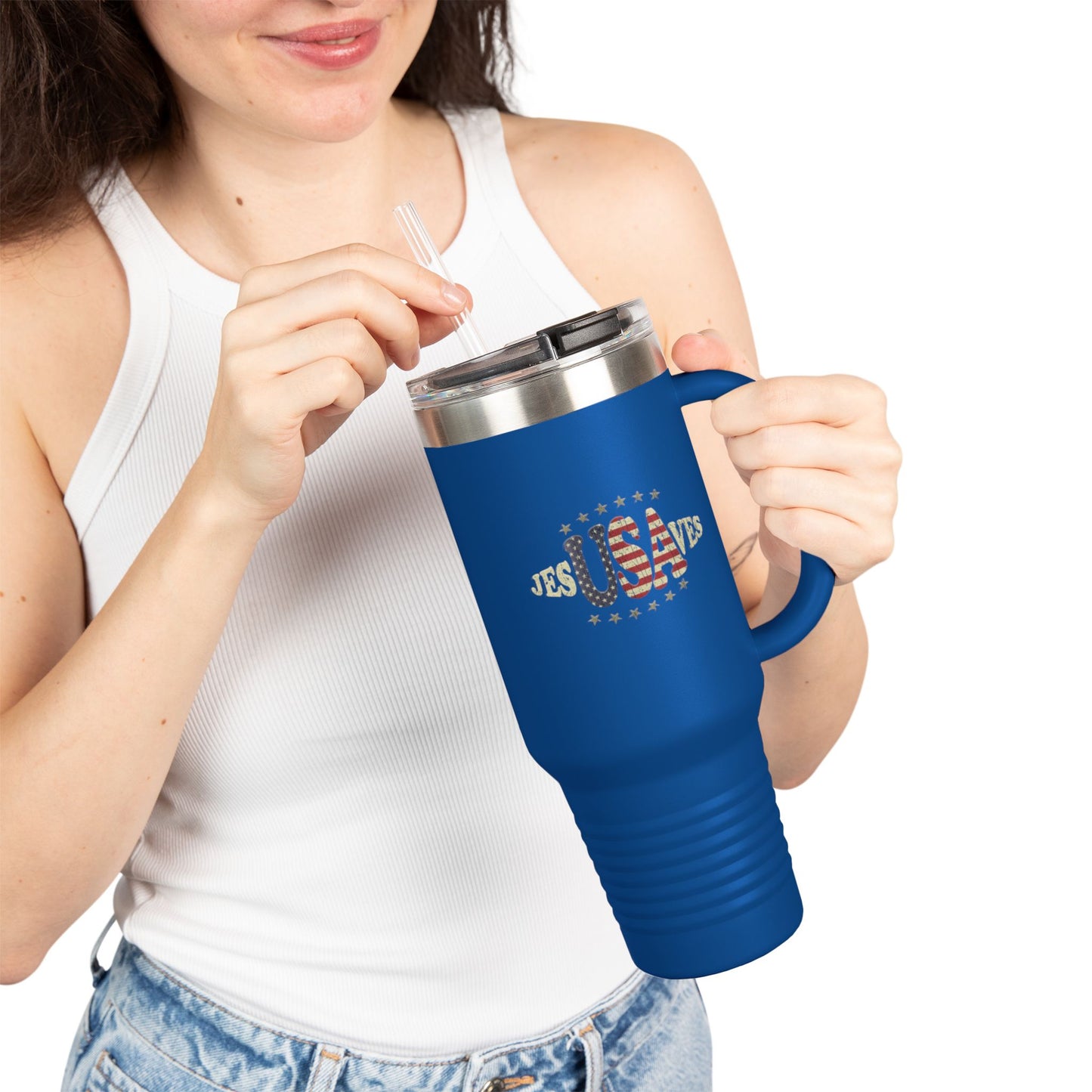JesUSAves Patriotic 40oz Insulated Travel Mug – American Flag Christian Faith Steel Tumbler