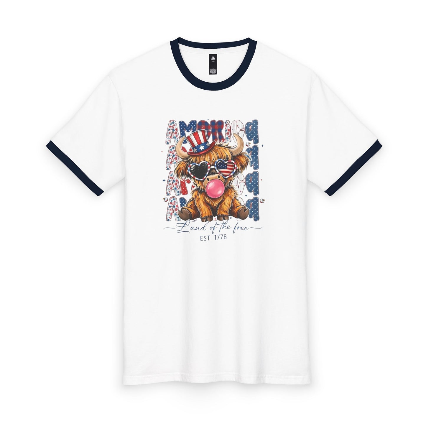 #250 American Flag Bubblegum Patriotic Highland Cow Ringer Tee