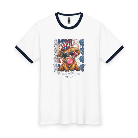 #250 American Flag Bubblegum Patriotic Highland Cow Ringer Tee