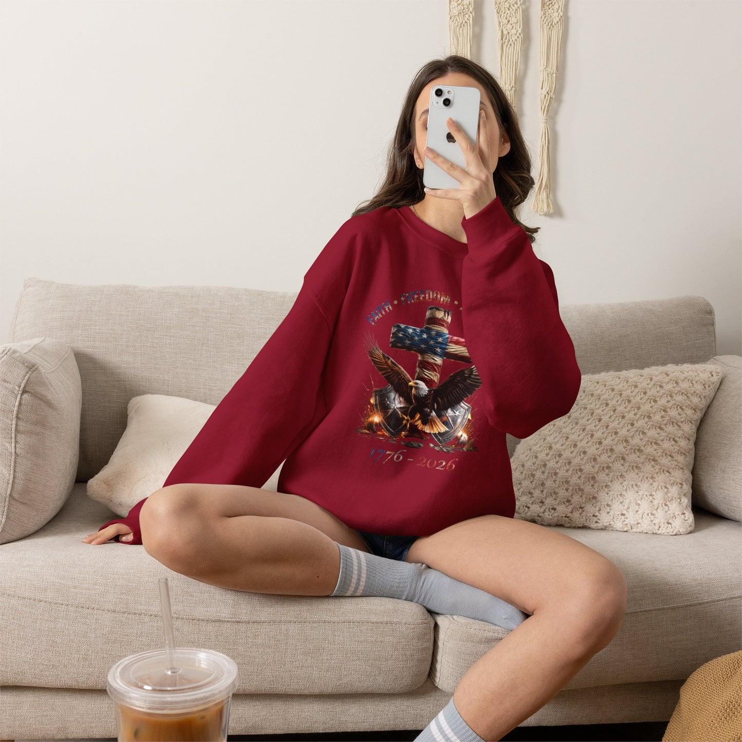 #250 Faith • Freedom 250 Years American Flag Cross & Eagle 1776-2026 Crewneck Sweatshirt