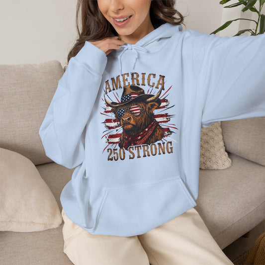 #250 America 250 Strong Patriotic Bull with American Flag Hoodie