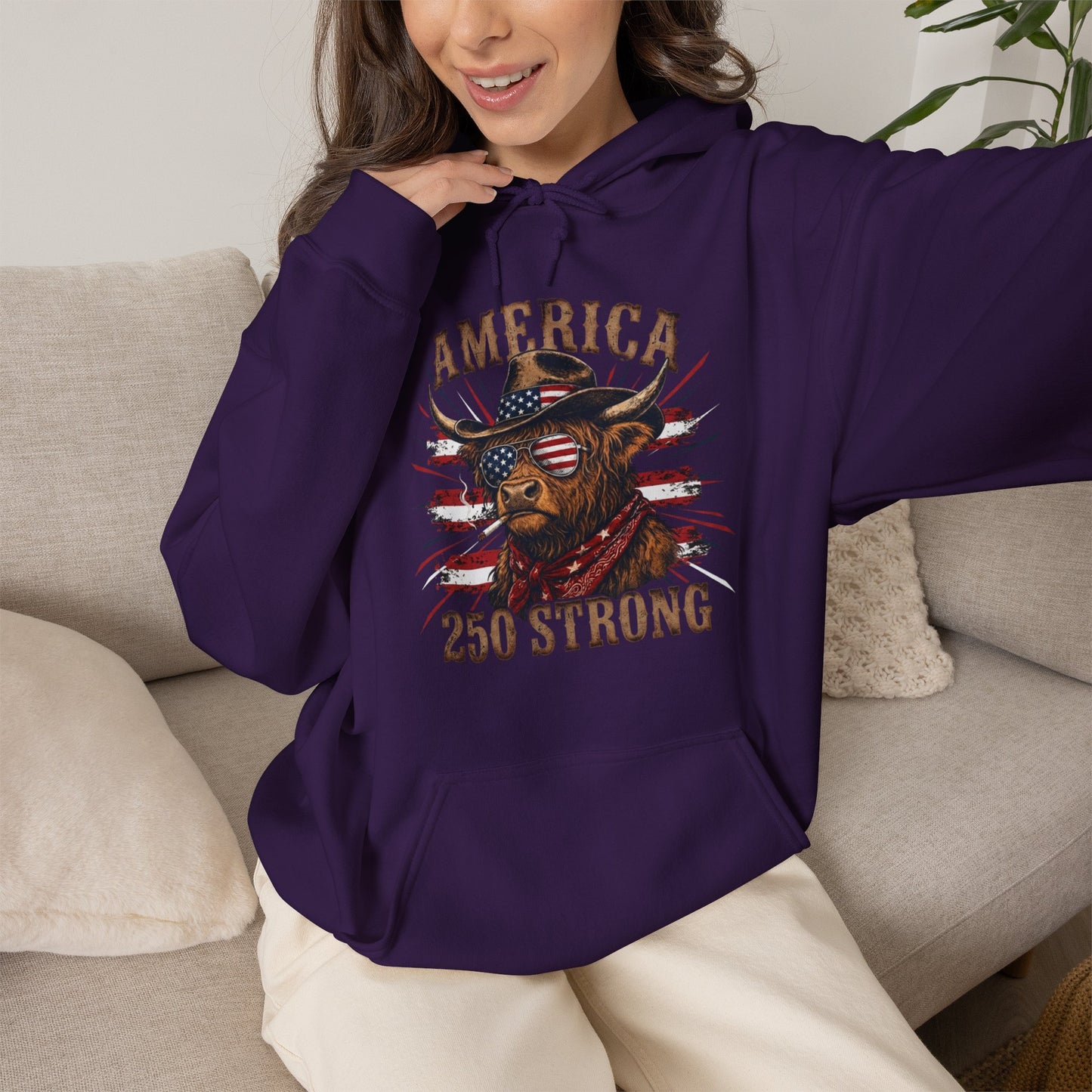 #250 America 250 Strong Patriotic Bull with American Flag Hoodie