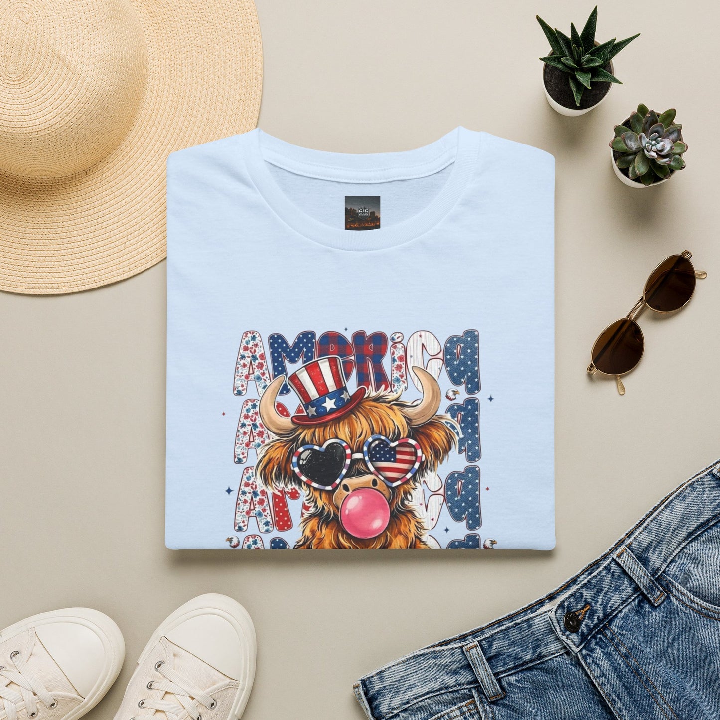 #250 American Flag Bubblegum Patriotic Highland Cow T-Shirt
