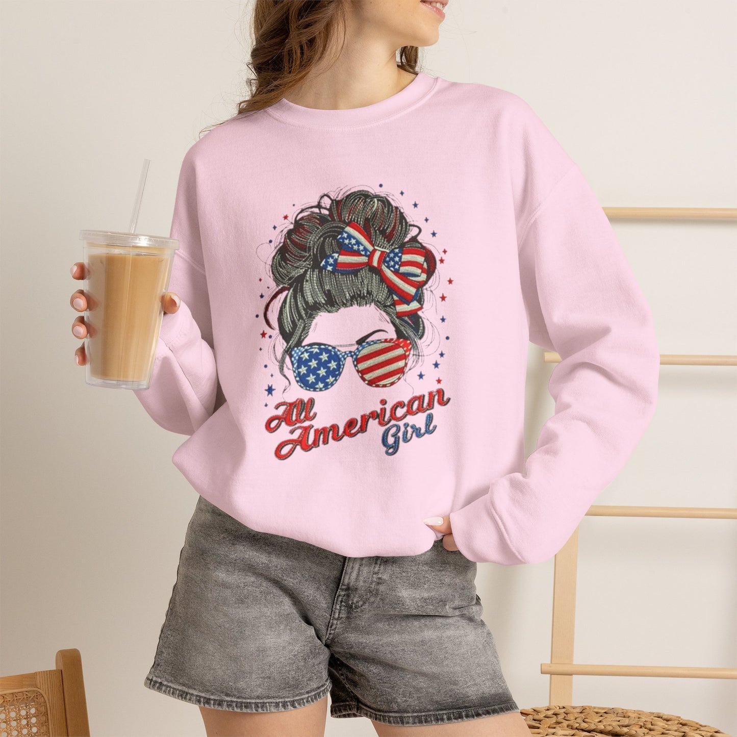 #250 "All American Girl" Patriotic Messy Bun Sweatshirt