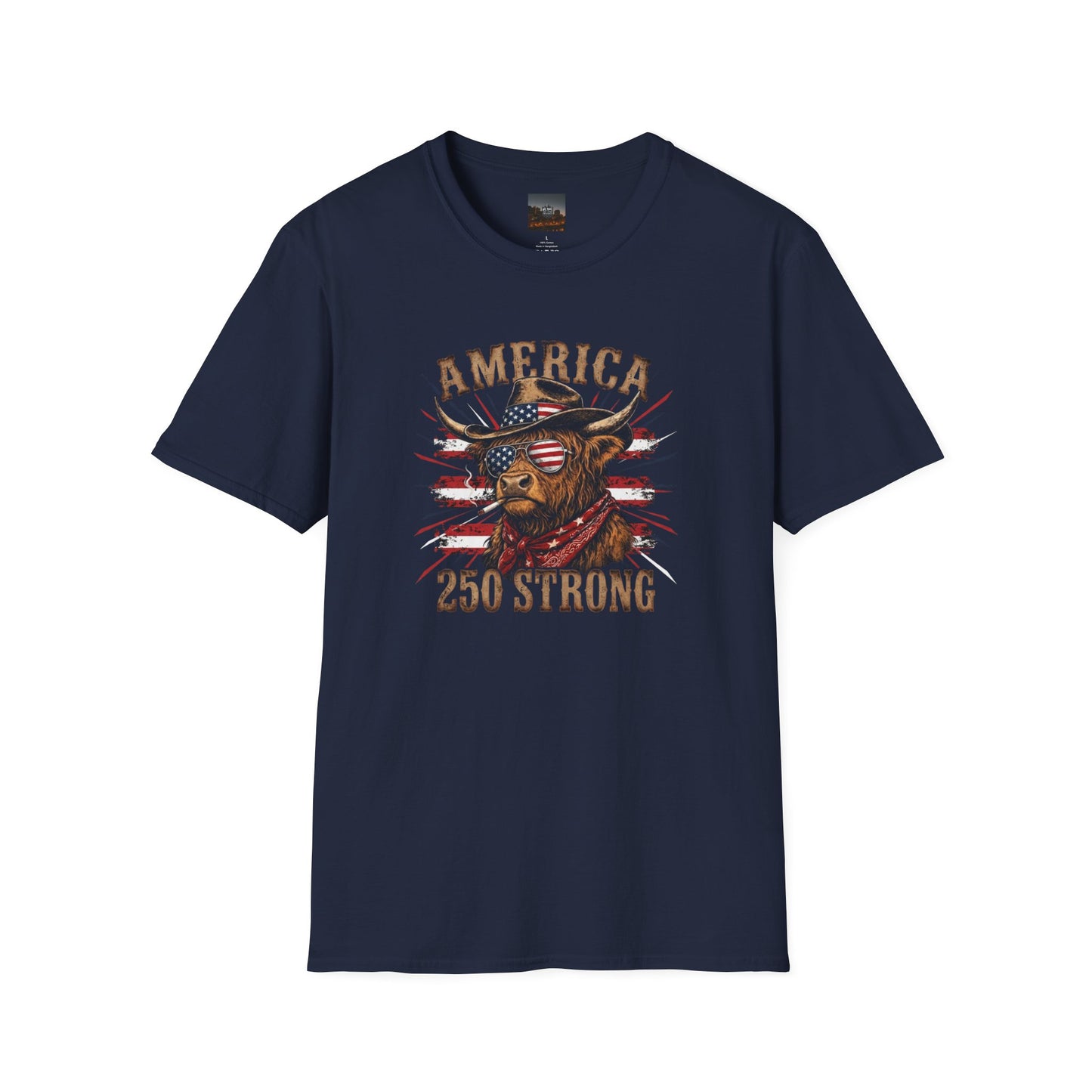 #250 America 250 Strong Patriotic Bull with American Flag T-Shirt