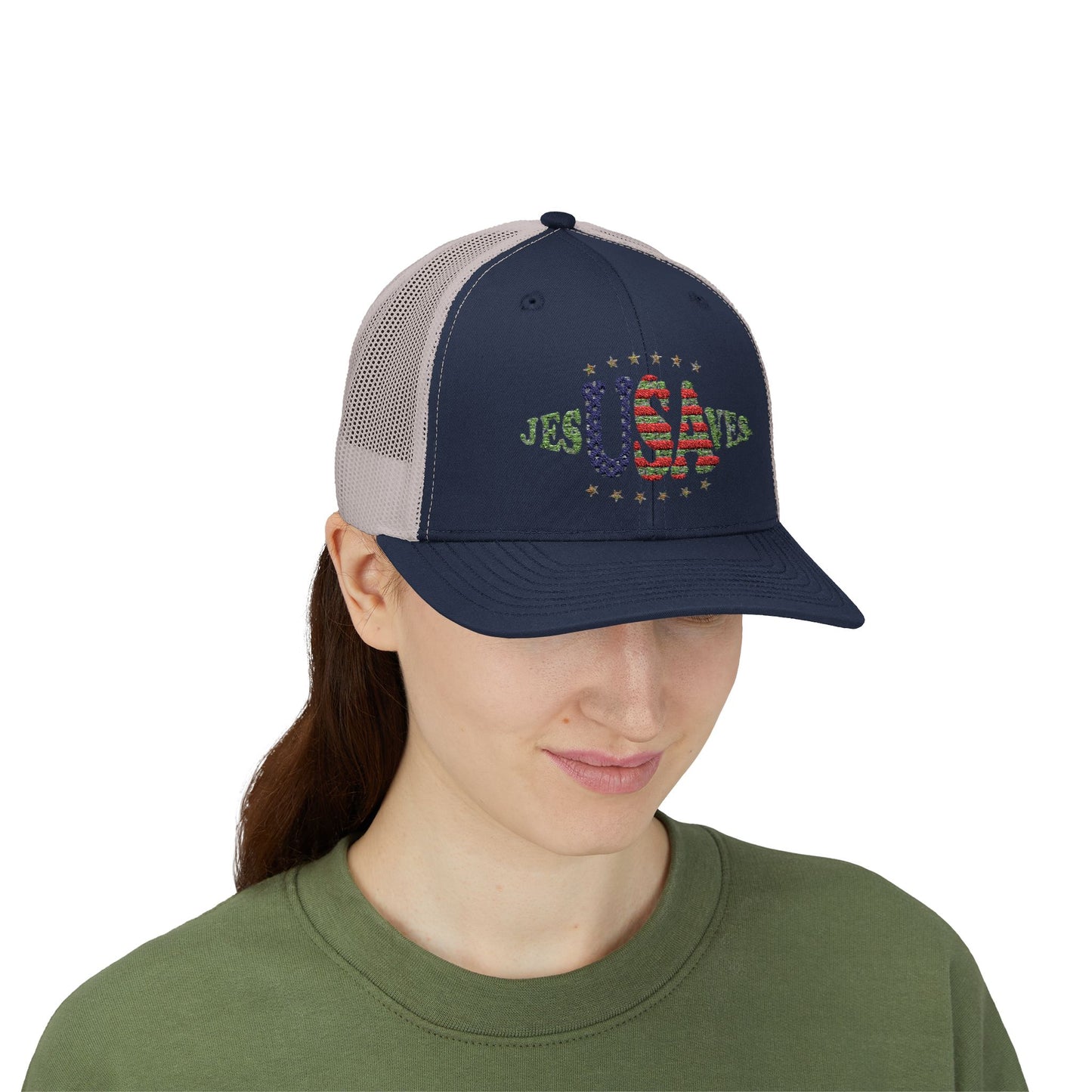 JesUSAves Patriotic Snapback Trucker Cap American Flag Christian Faith