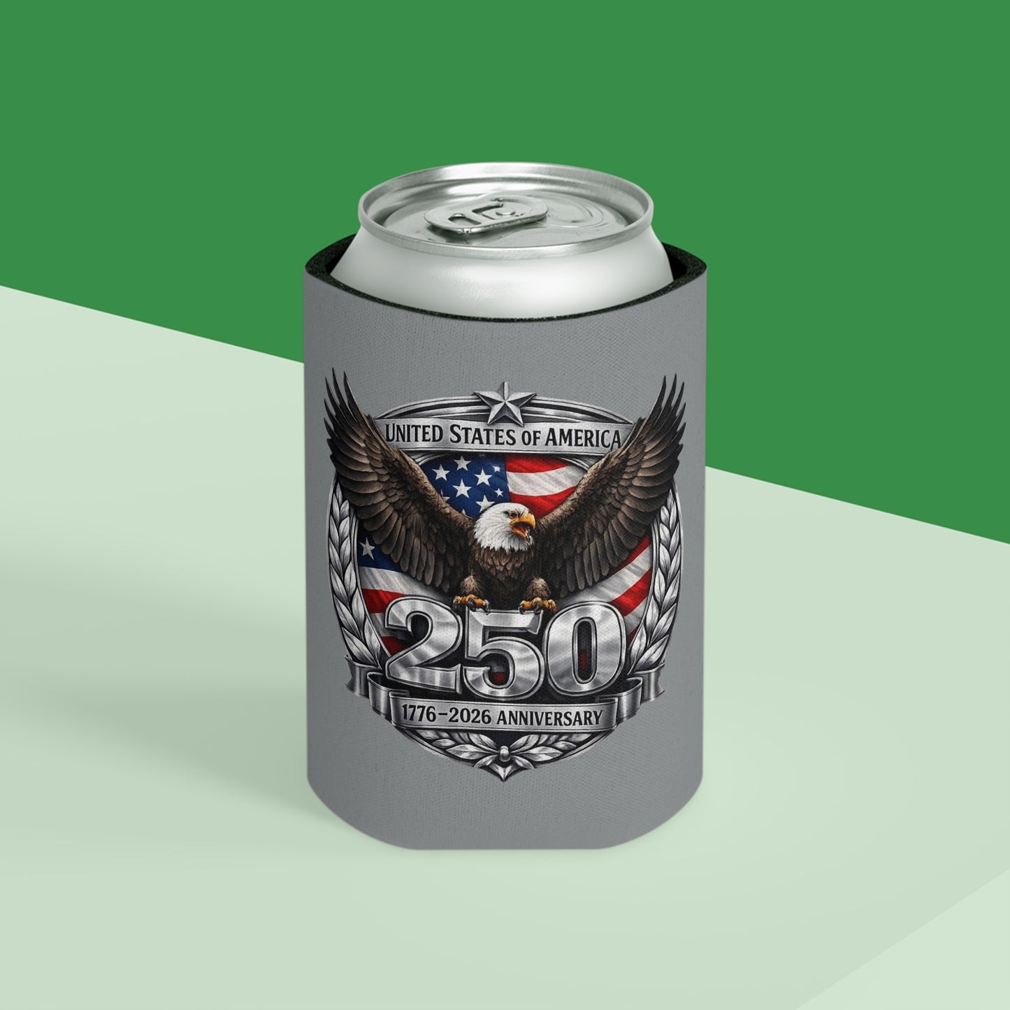 #250 Patriotic Bald Eagle 250 United States Emblem Can Cooler - Beverage Koozie