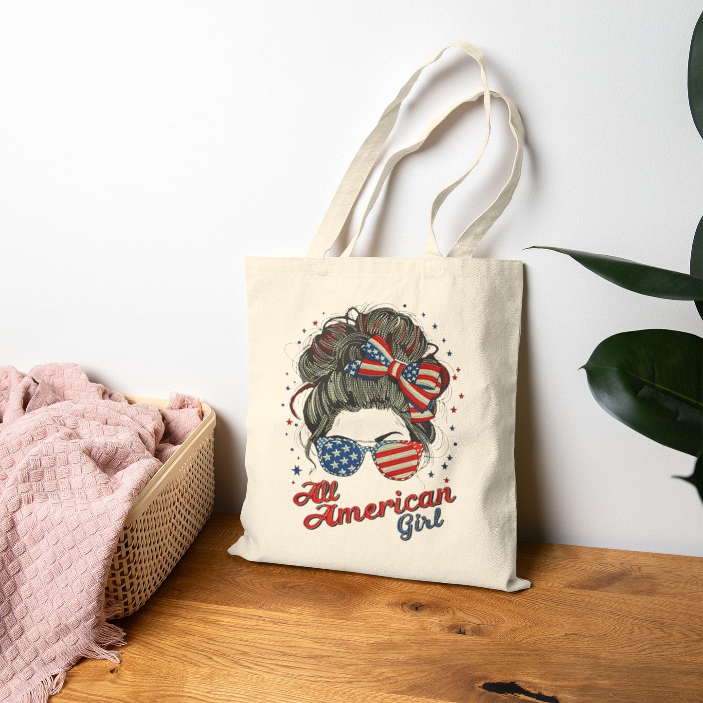 #250 "All American Girl" Patriotic Messy Bun Canvas Tote Bag