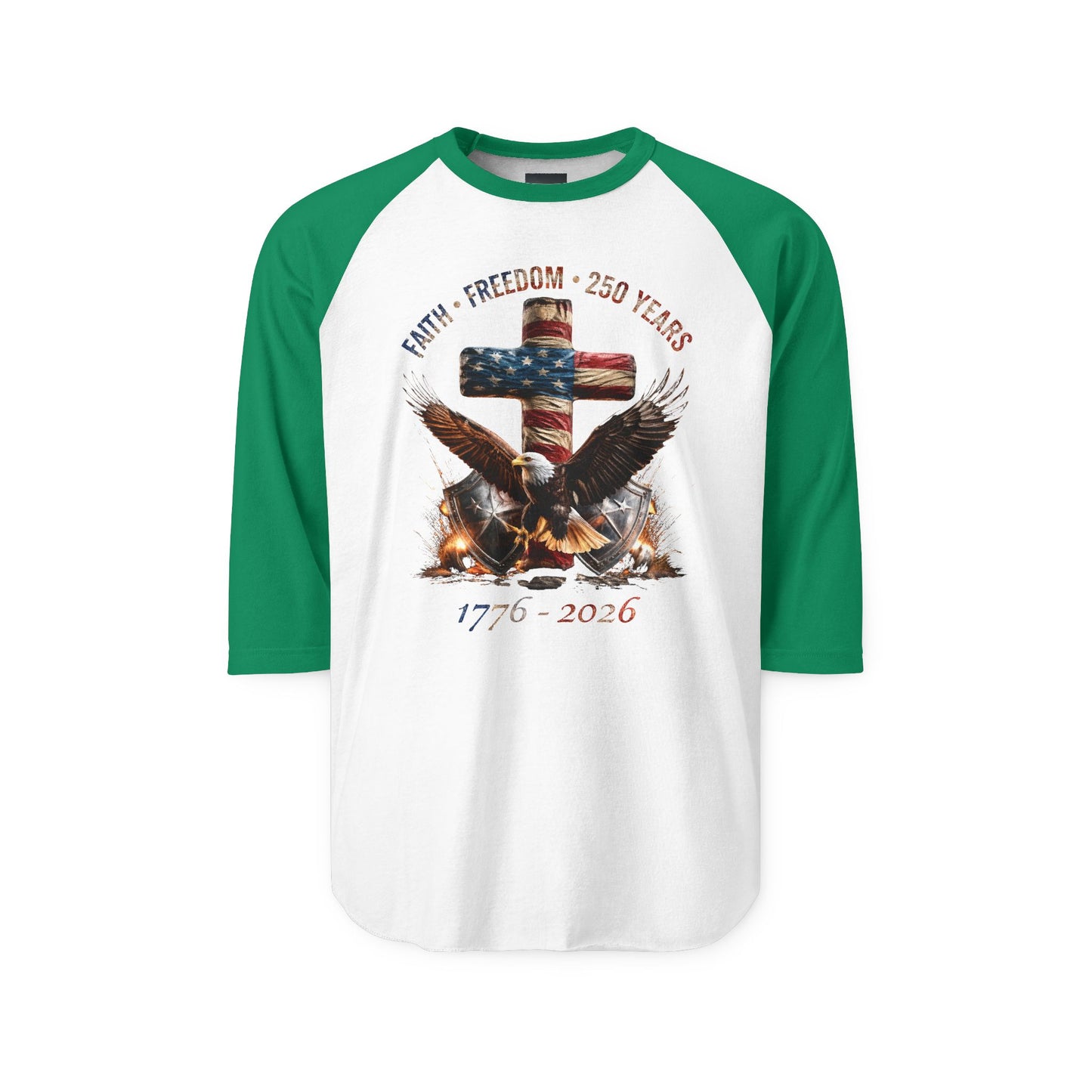 #250 Faith • Freedom 250 Years American Flag Cross & Eagle 1776-2026 Raglan Shirt Baseball Tee