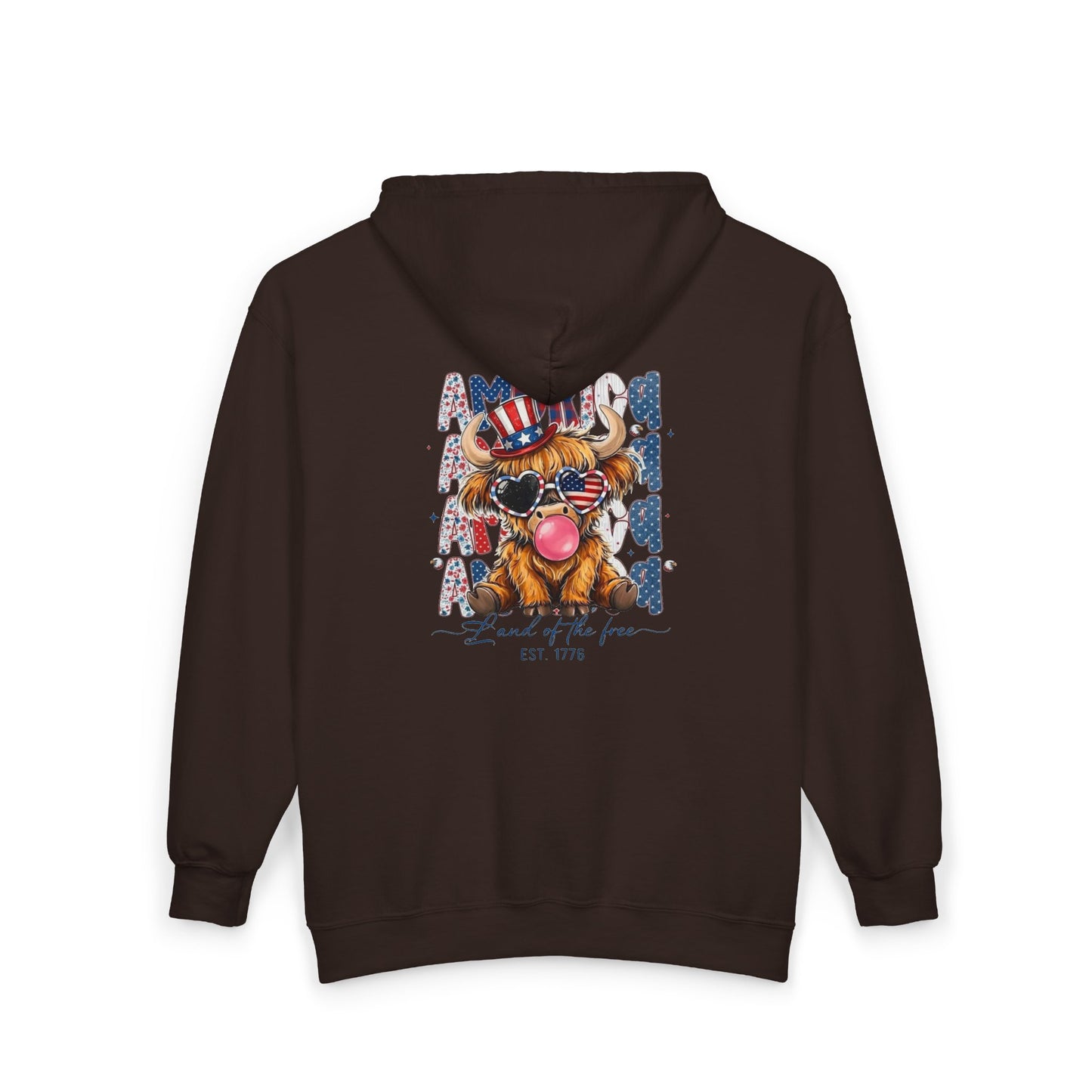 #250 American Flag Bubblegum Patriotic Highland Cow Zip Hoodie