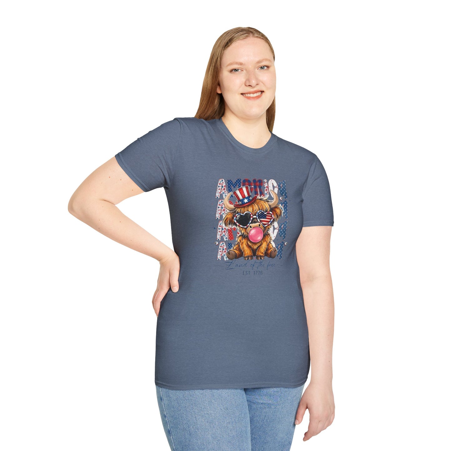 #250 American Flag Bubblegum Patriotic Highland Cow T-Shirt