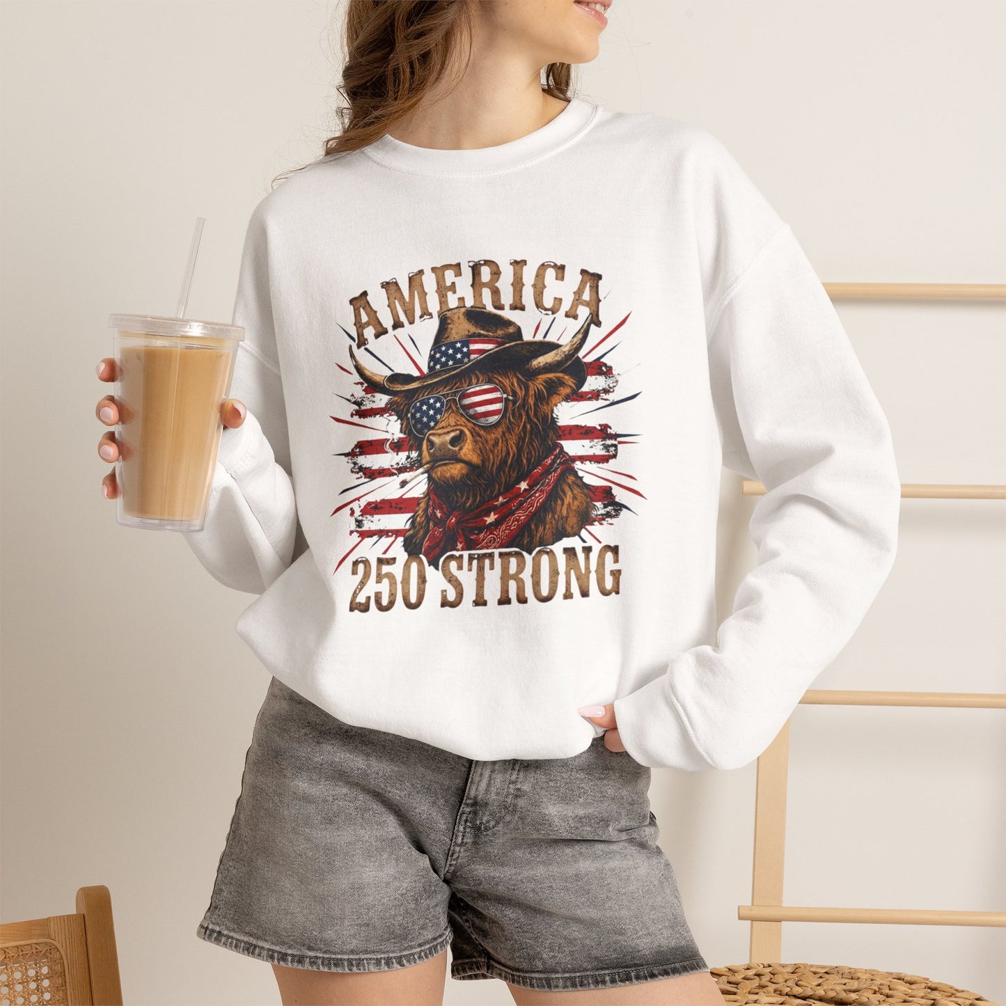 #250 America 250 Strong Patriotic Bull with American Flag Sweatshirt