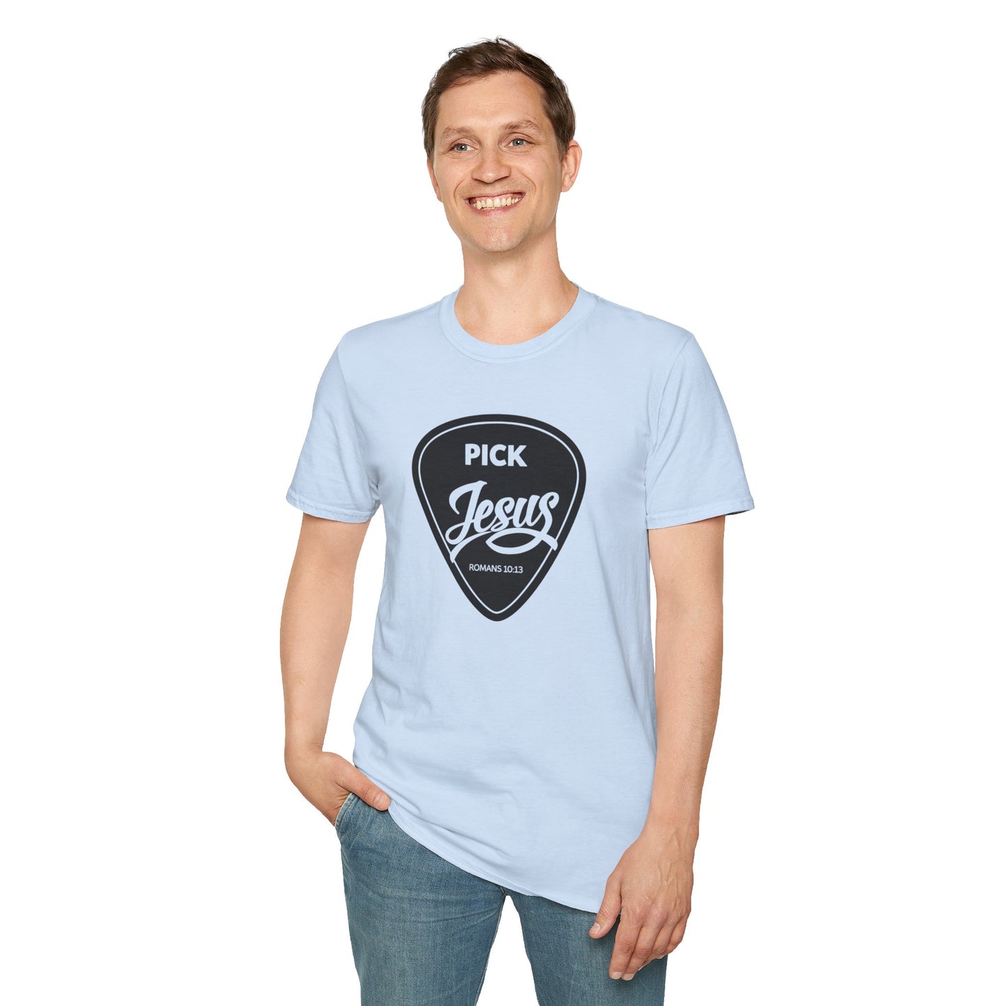 Pick Jesus T-Shirt — Christian Guitar Pick Design (Romans 10:13)