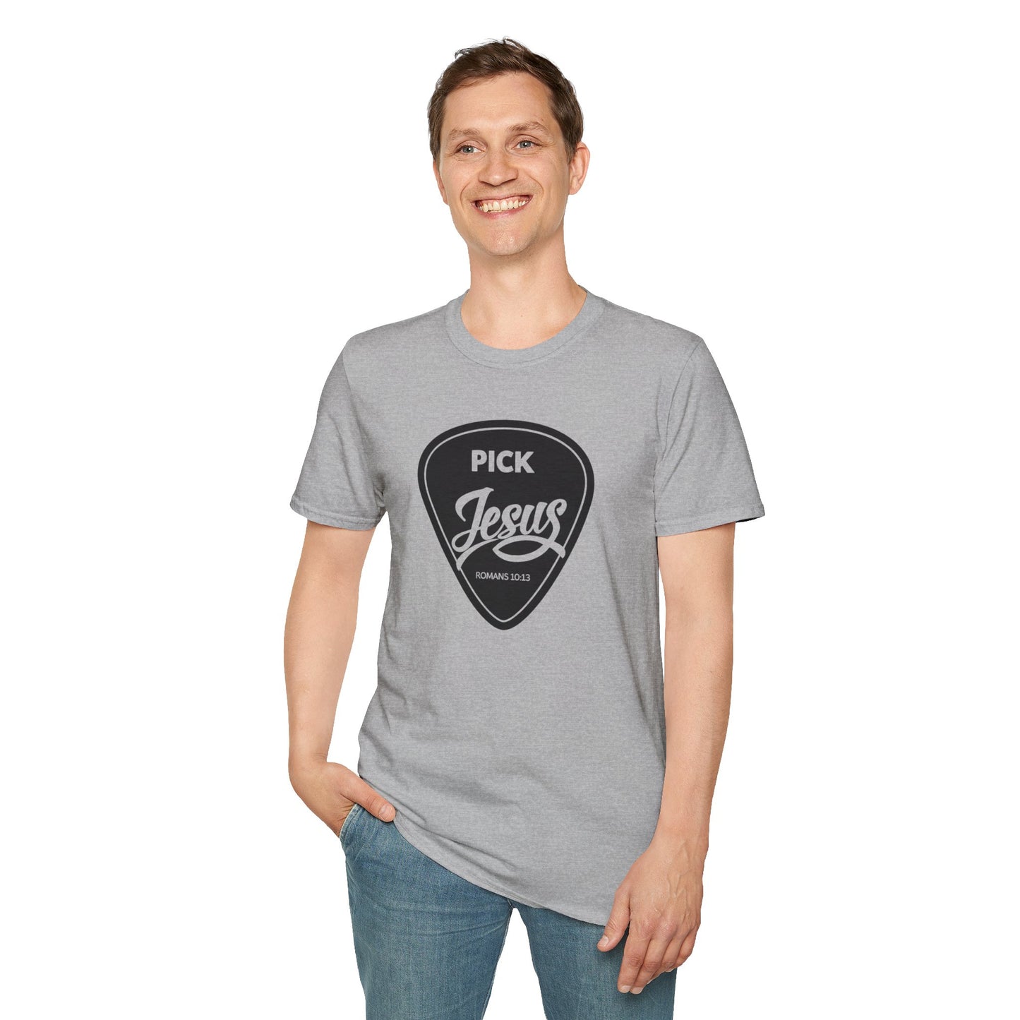 Pick Jesus T-Shirt — Christian Guitar Pick Design (Romans 10:13)