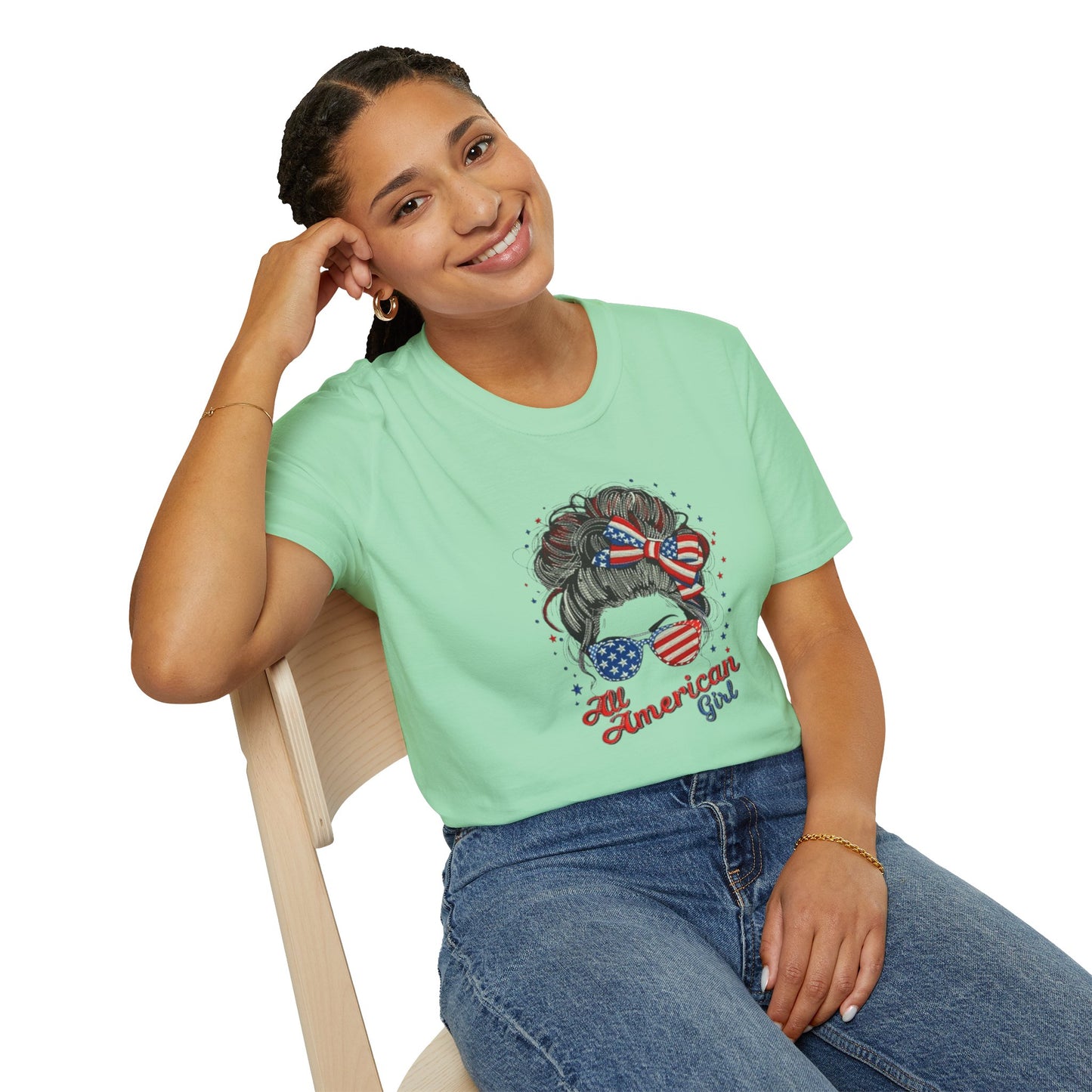 #250 "All American Girl" Patriotic Messy Bun T-Shirt