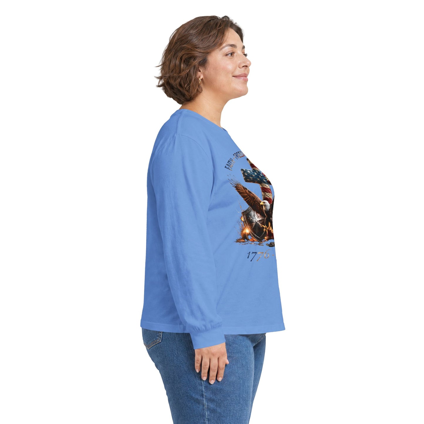 #250 Faith • Freedom 250 Years American Flag Cross & Eagle 1776-2026 Long Sleeve Tee